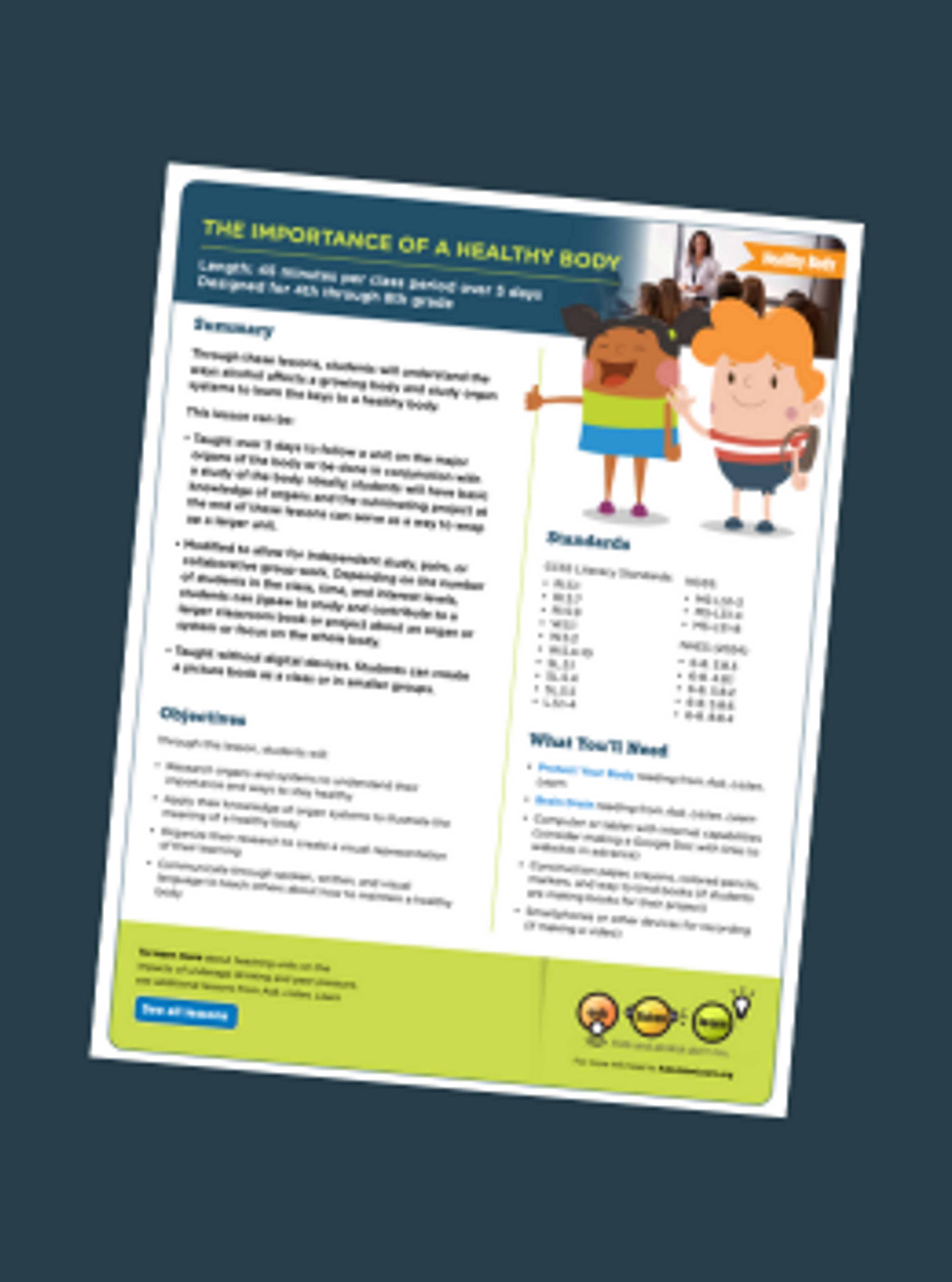 Lesson plan handout titled "The Importance of a Healthy Body" for a 4th-8th grade classroom unit.