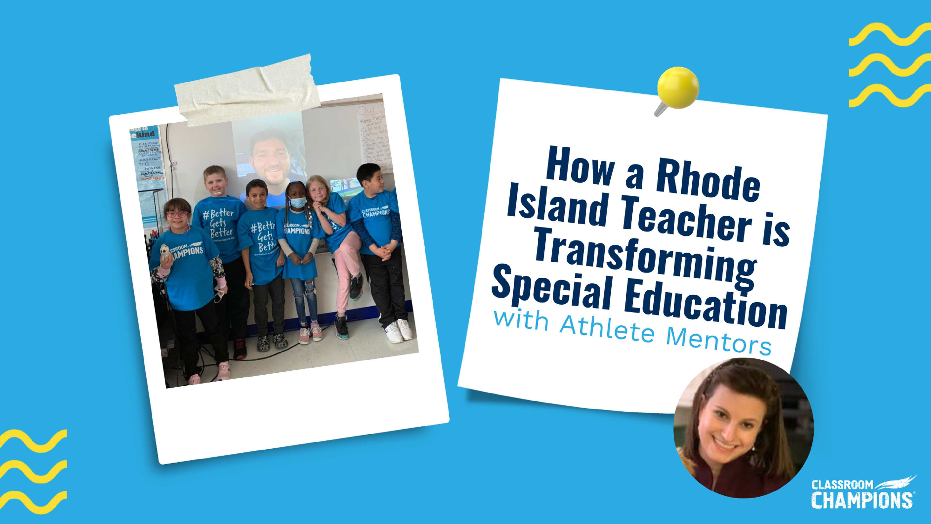 Students in Classroom Champions shirts video chat with their athlete mentor, illustrating a Rhode Island teacher's special education program.