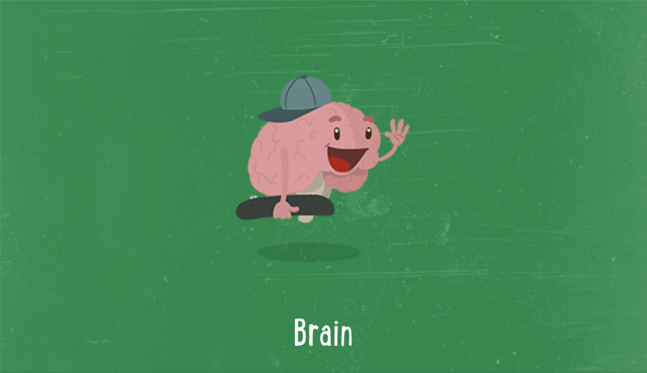Illustration of a brain with a hat and holding a skateboard