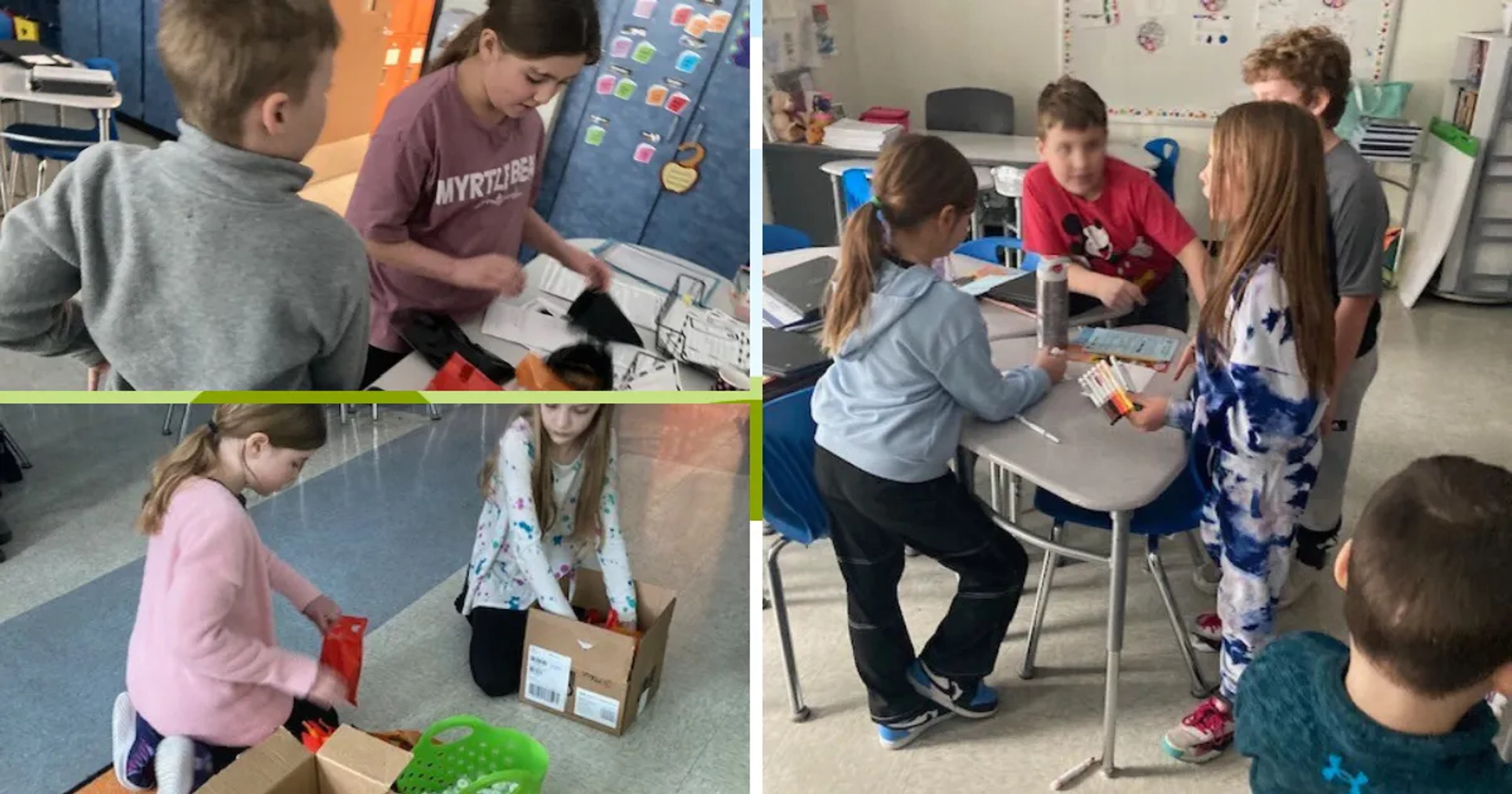 Students collaborate in classrooms on service learning projects, sorting supplies and working together at desks.
