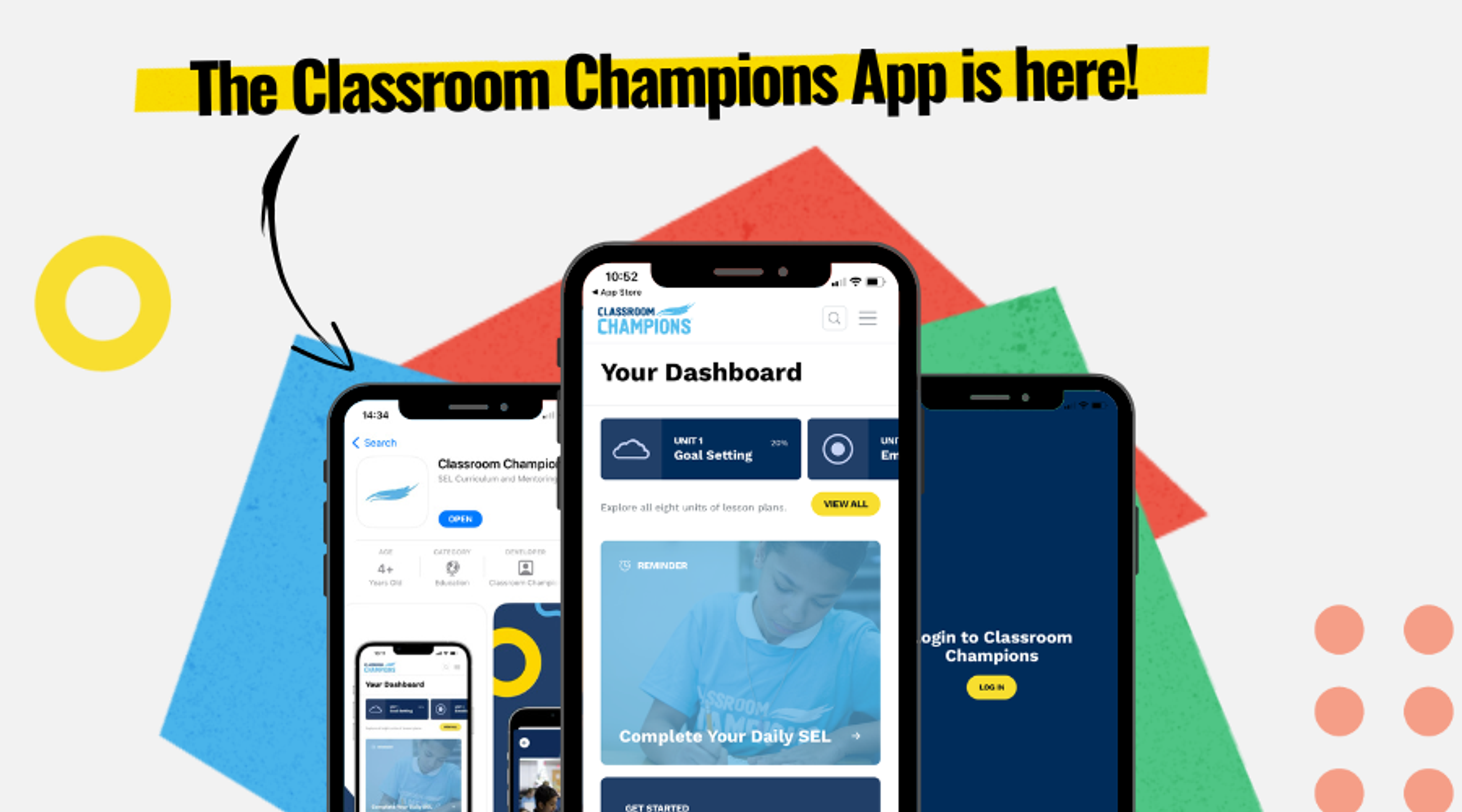 Announcement of the new Classroom Champions app, shown on phone screens with dashboard and login views.