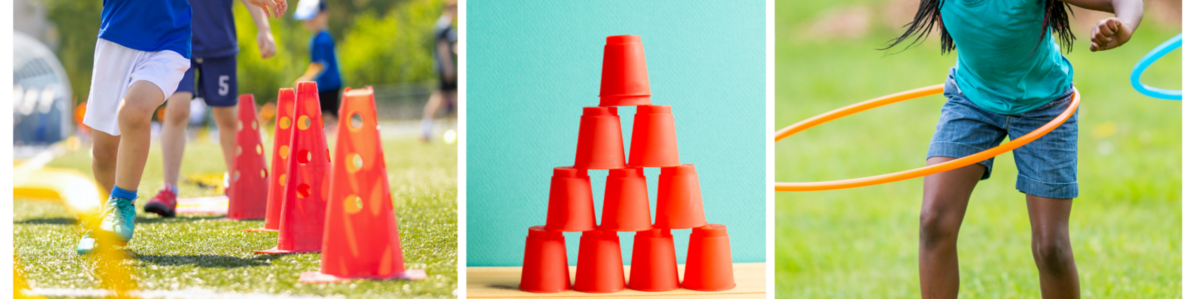 Children run a cone drill, stack cups in a pyramid, and spin a hula hoop as physical activities.