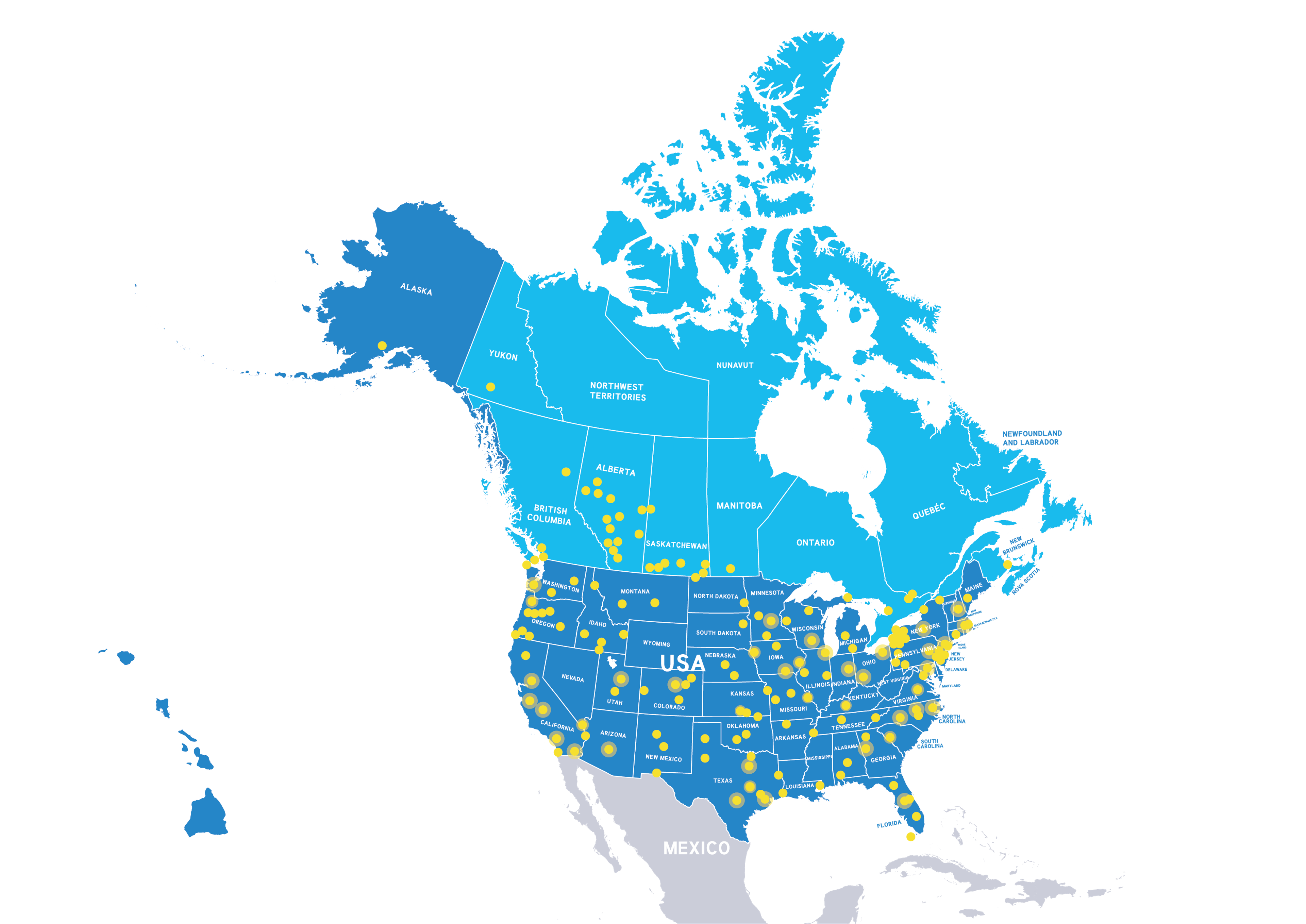 Map of the US and Canada with dots marking classrooms participating in Classroom Champions across many states and provinces.