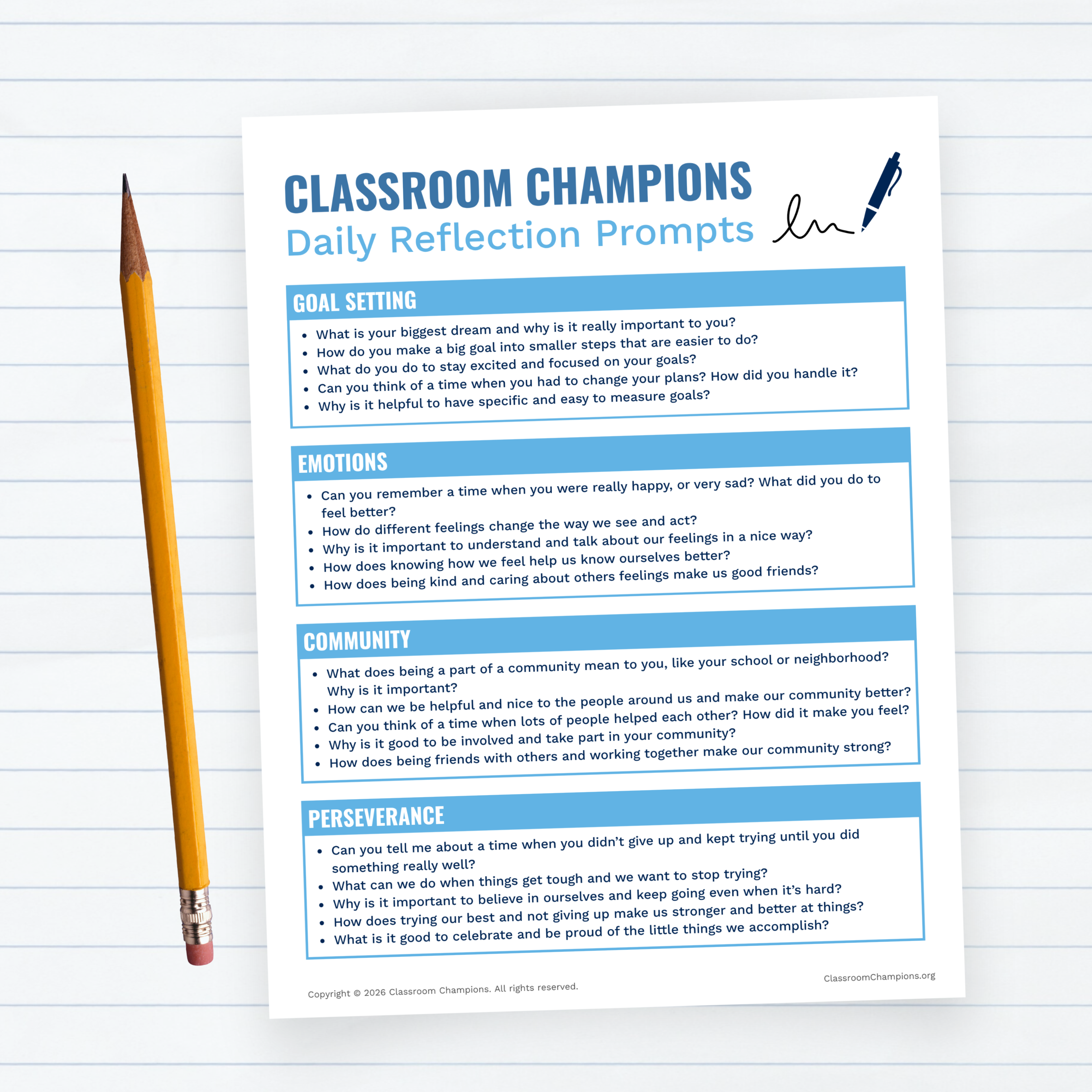 Classroom Champions Daily Reflection Prompts worksheet with questions on goal setting, emotions, community, and perseverance.