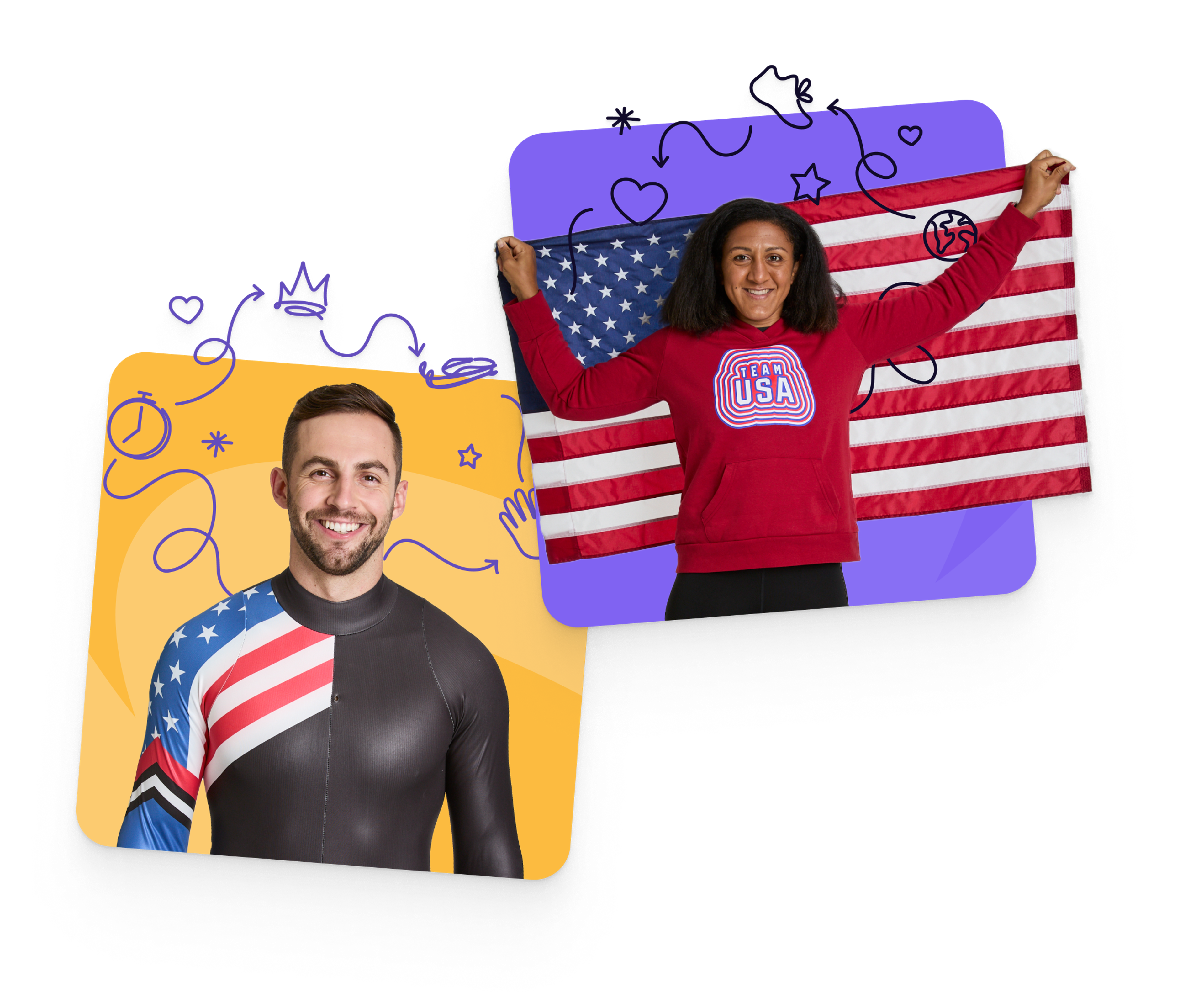 Two Team USA athletes, one in racing gear and one holding an American flag, smiling