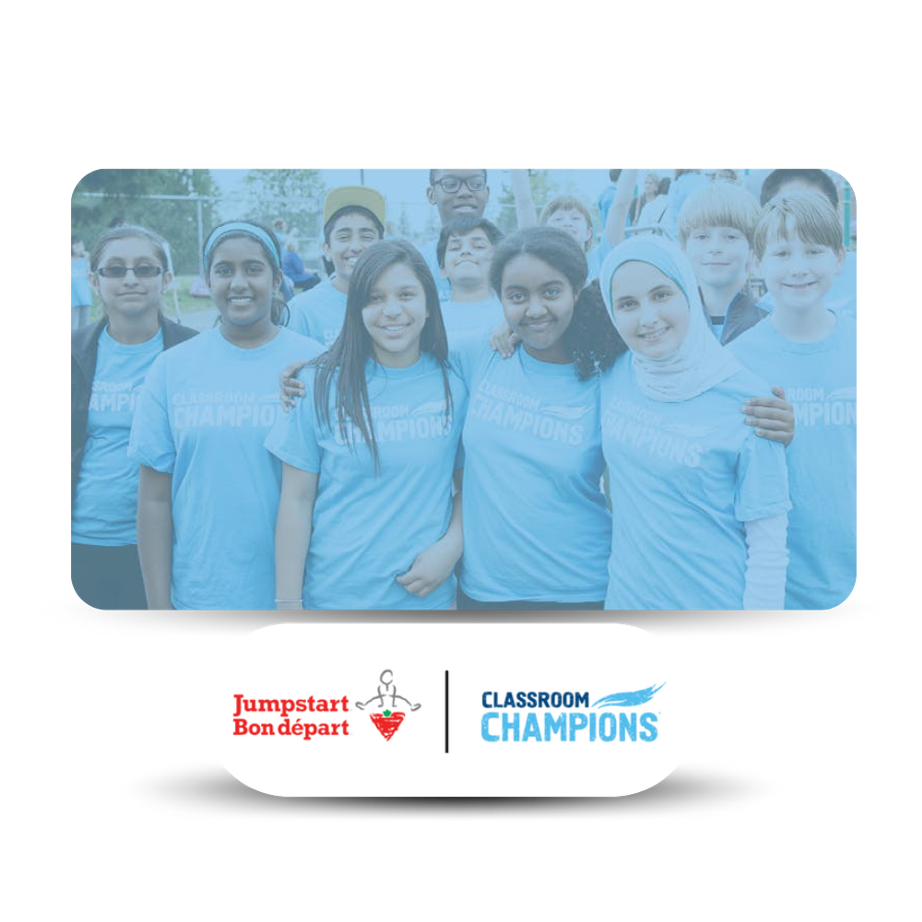 Students wearing Classroom Champions t-shirts pose together, with Canadian Tire Jumpstart Charities logo below.