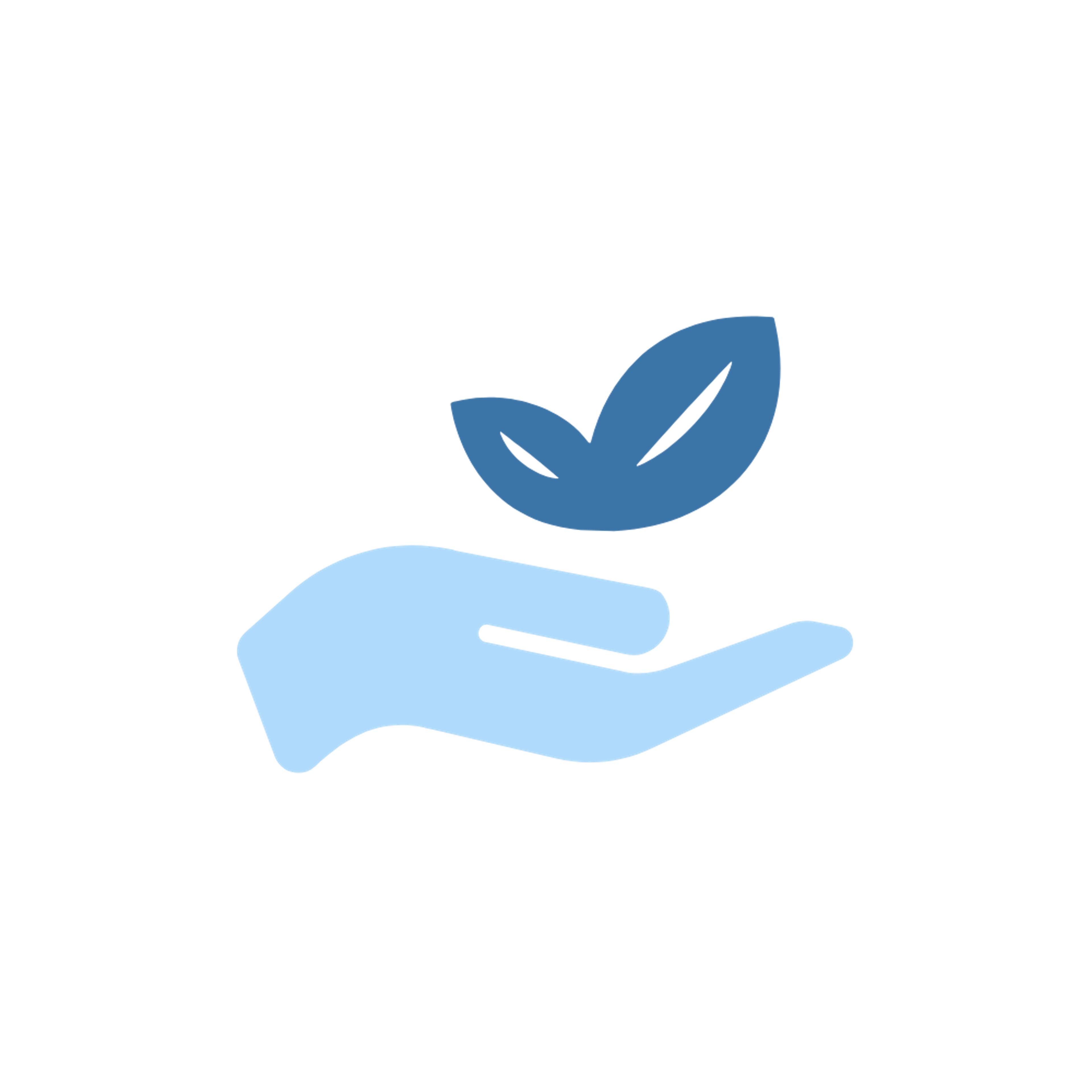Icon of a hand holding up a growing leaf, symbolizing nurturing growth