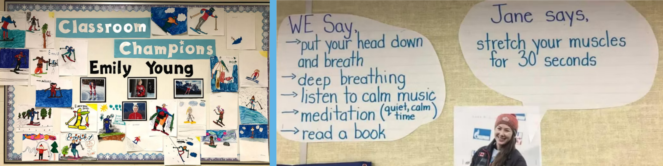 Classroom bulletin board honoring mentor Emily Young alongside chart pairing students' calming strategies with mentor Jane's stretching tip.