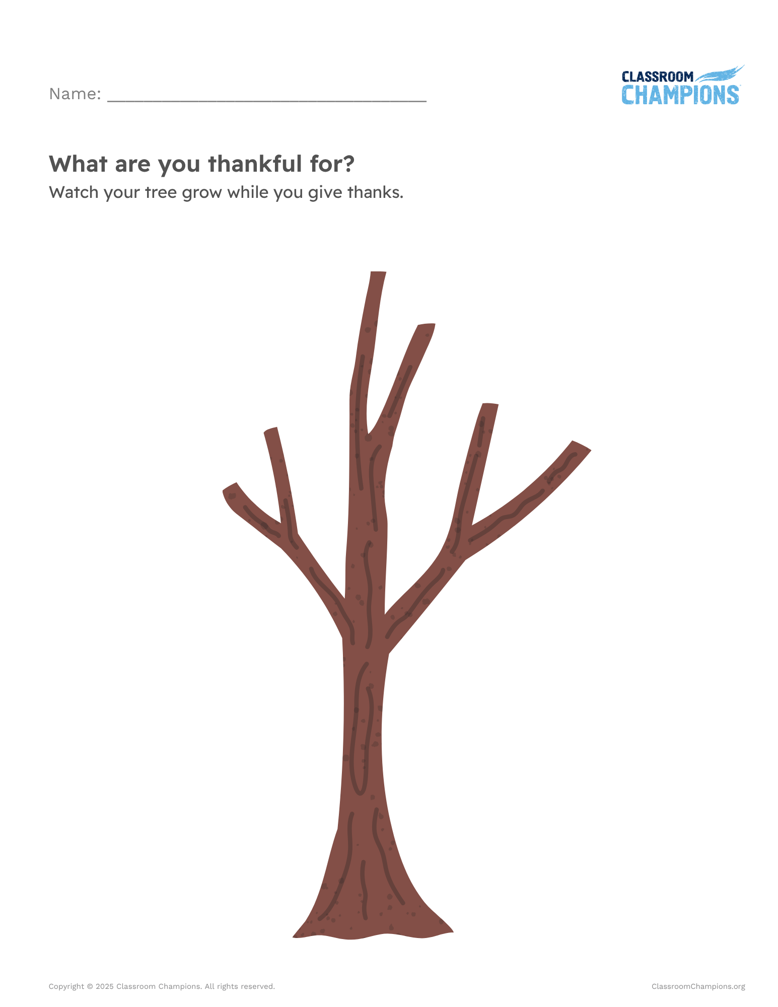 Worksheet with a bare tree to fill in with leaves listing things students are thankful for.