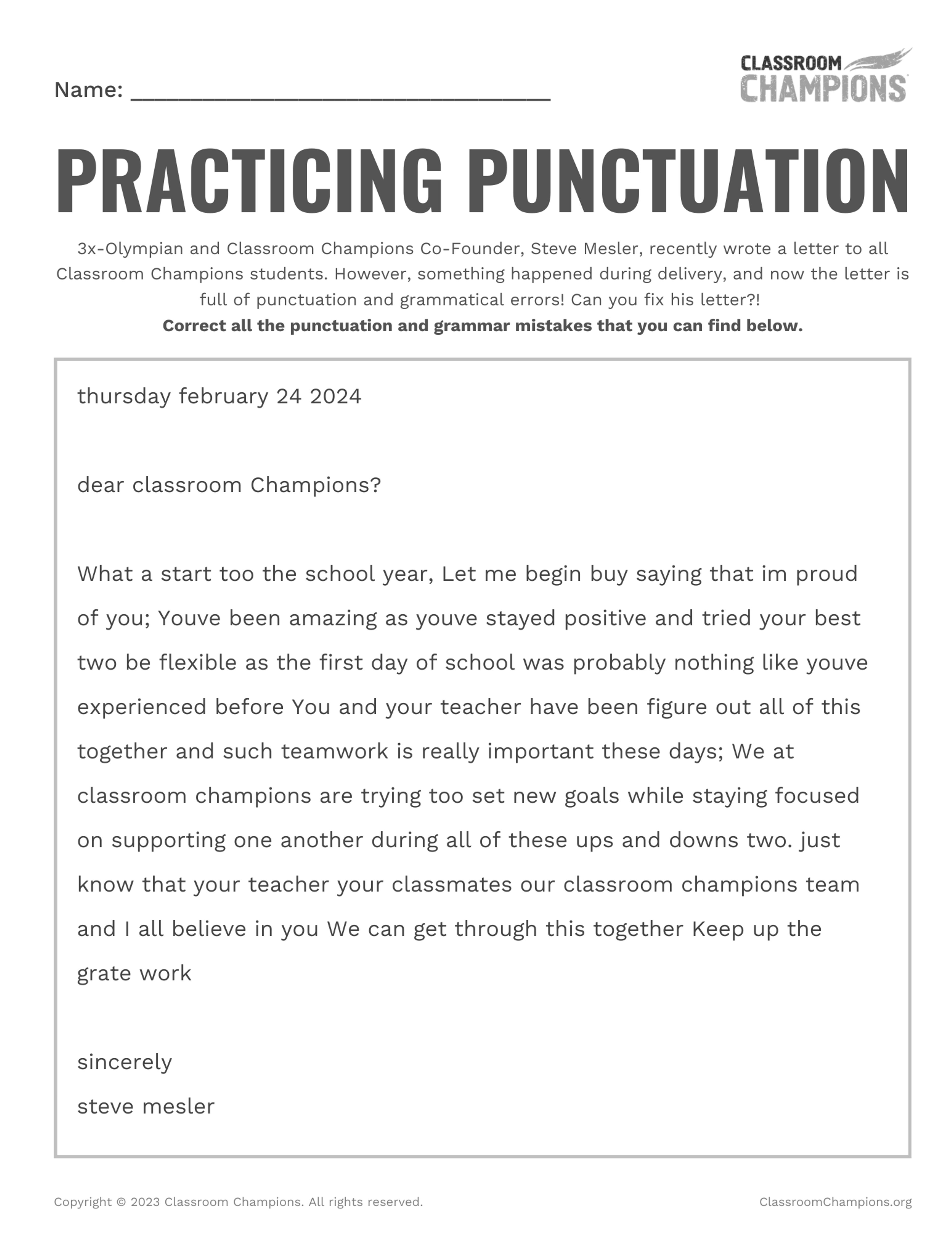 Worksheet 'Practicing Punctuation' where students correct errors in a letter from Steve Mesler to Classroom Champions students.