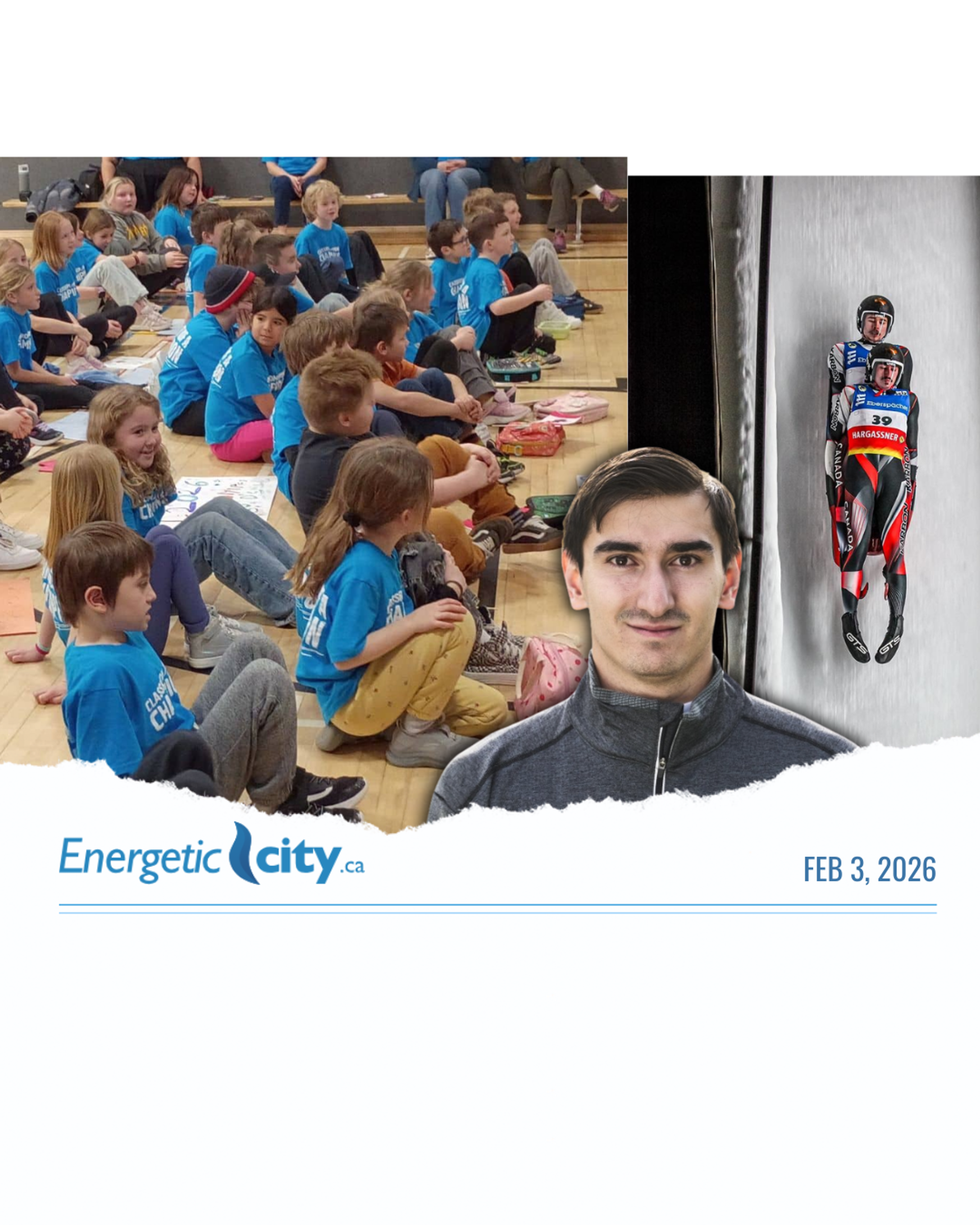 Classroom Champions students at an assembly, a bobsled team racing down a track, and an athlete mentor's portrait.