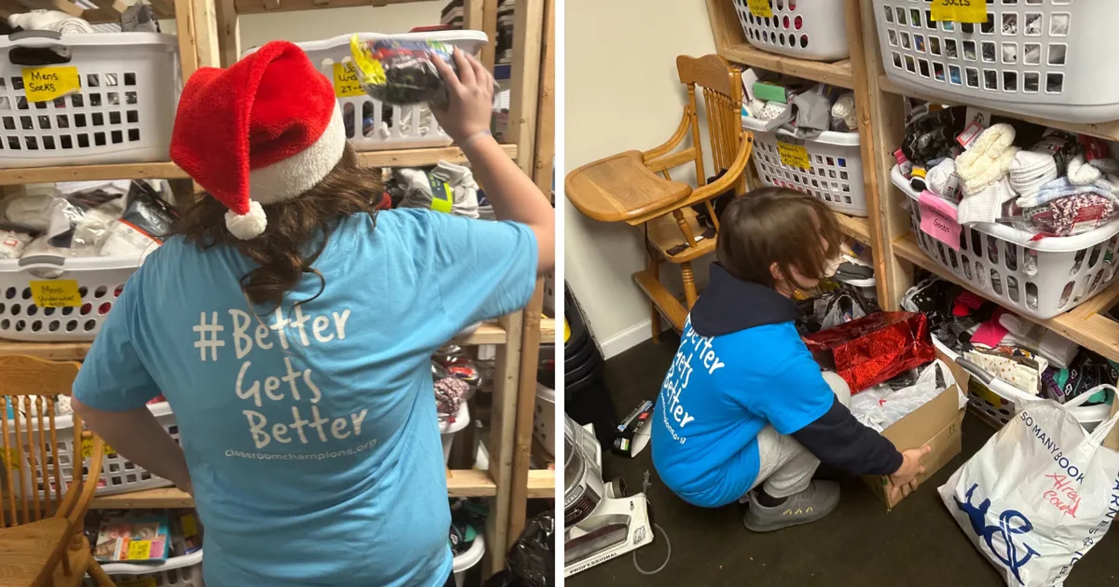 Kids wearing Classroom Champions '#BetterGetsBetter' shirts sort donated clothing and gifts for a community service project.