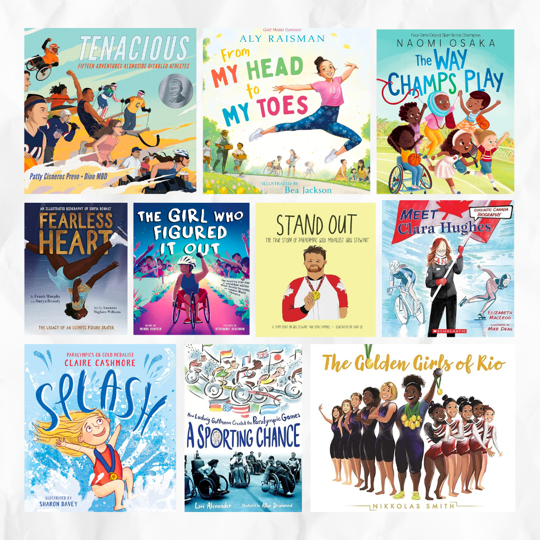 Collage of children's book covers celebrating athletes, including titles by Aly Raisman, Naomi Osaka, and Claire Cashmore.