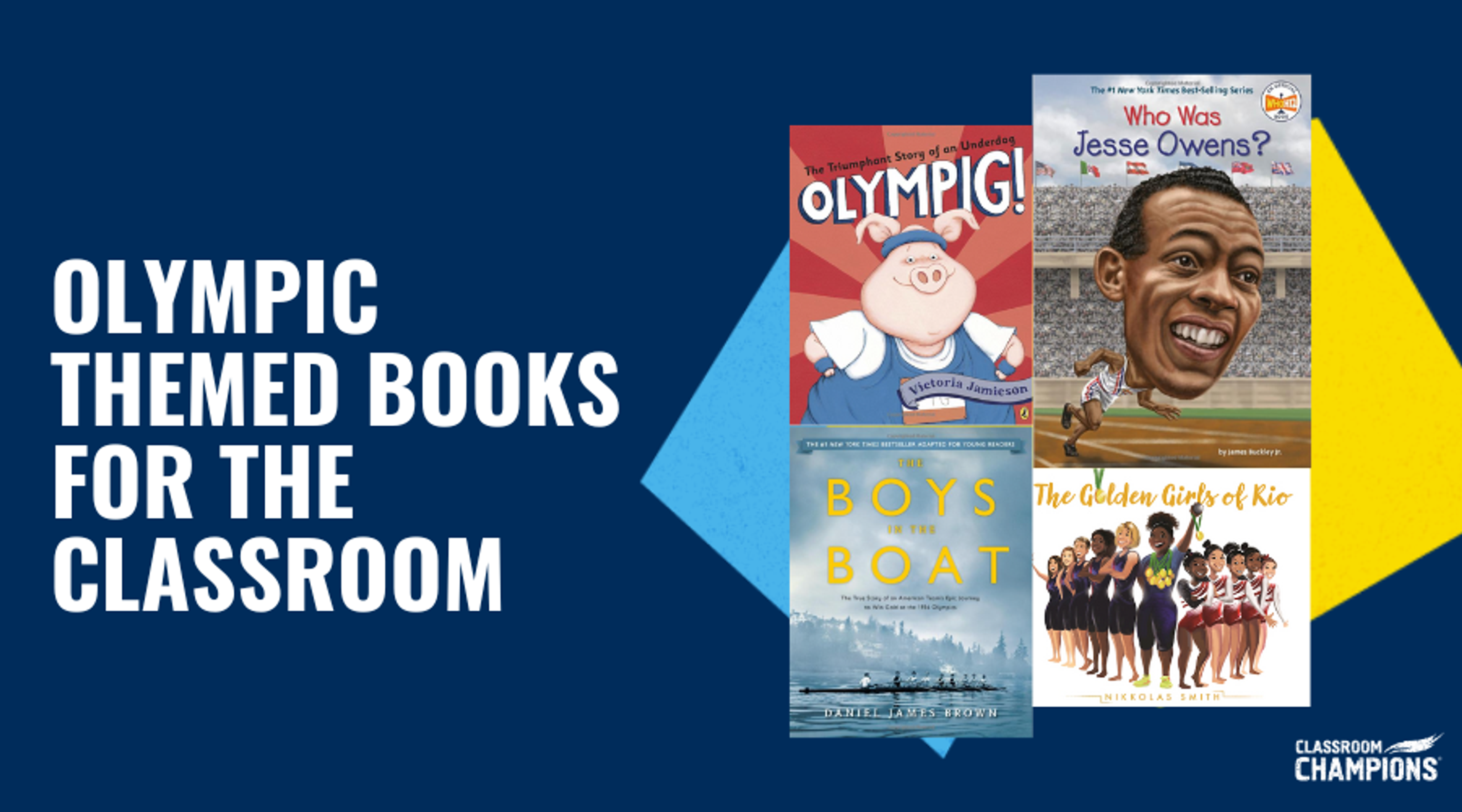 Book covers for Olympig!, Who Was Jesse Owens?, The Boys in the Boat, and The Golden Girls of Rio.
