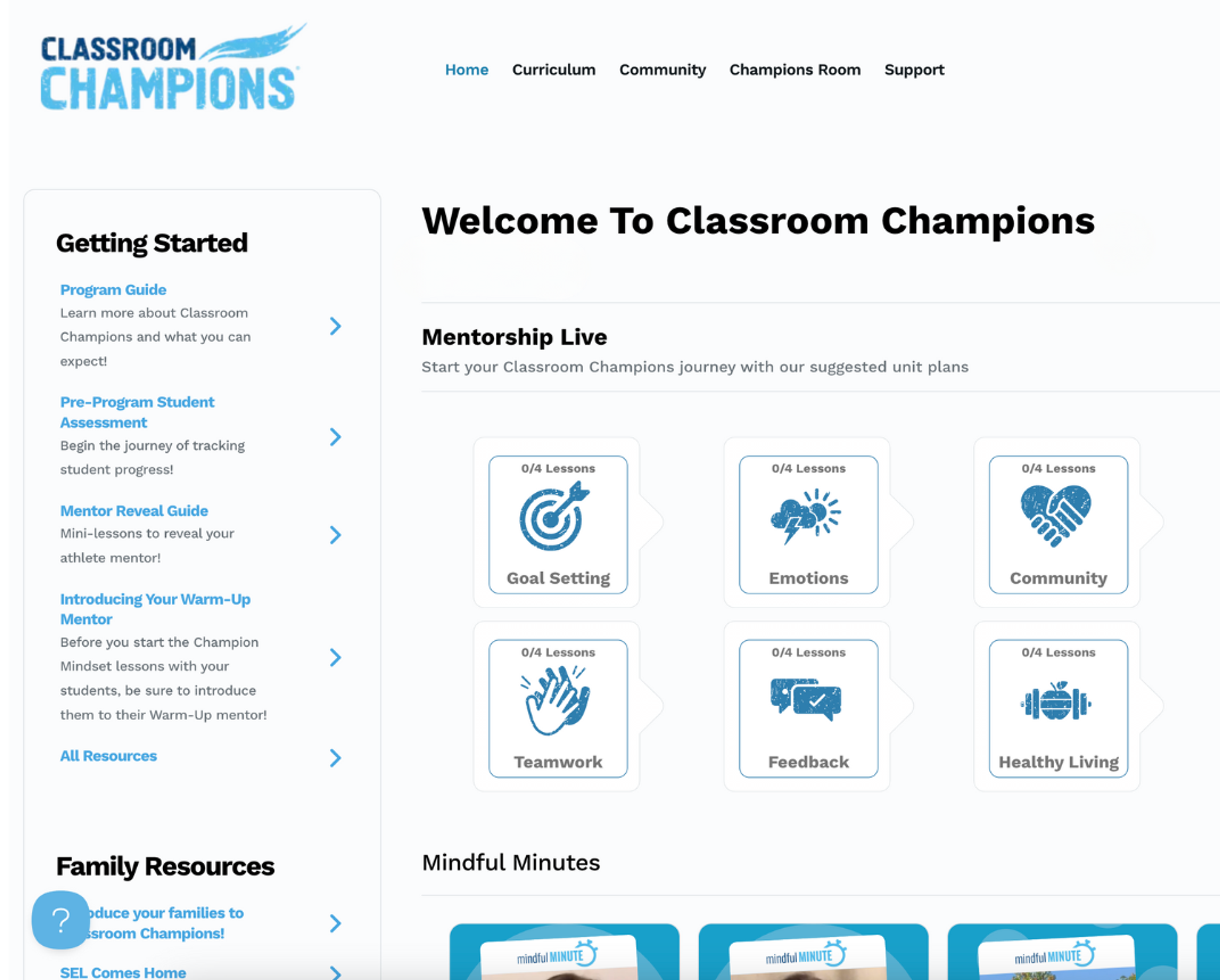 Screenshot of the Classroom Champions dashboard showing lesson modules like Goal Setting, Emotions, and Teamwork.