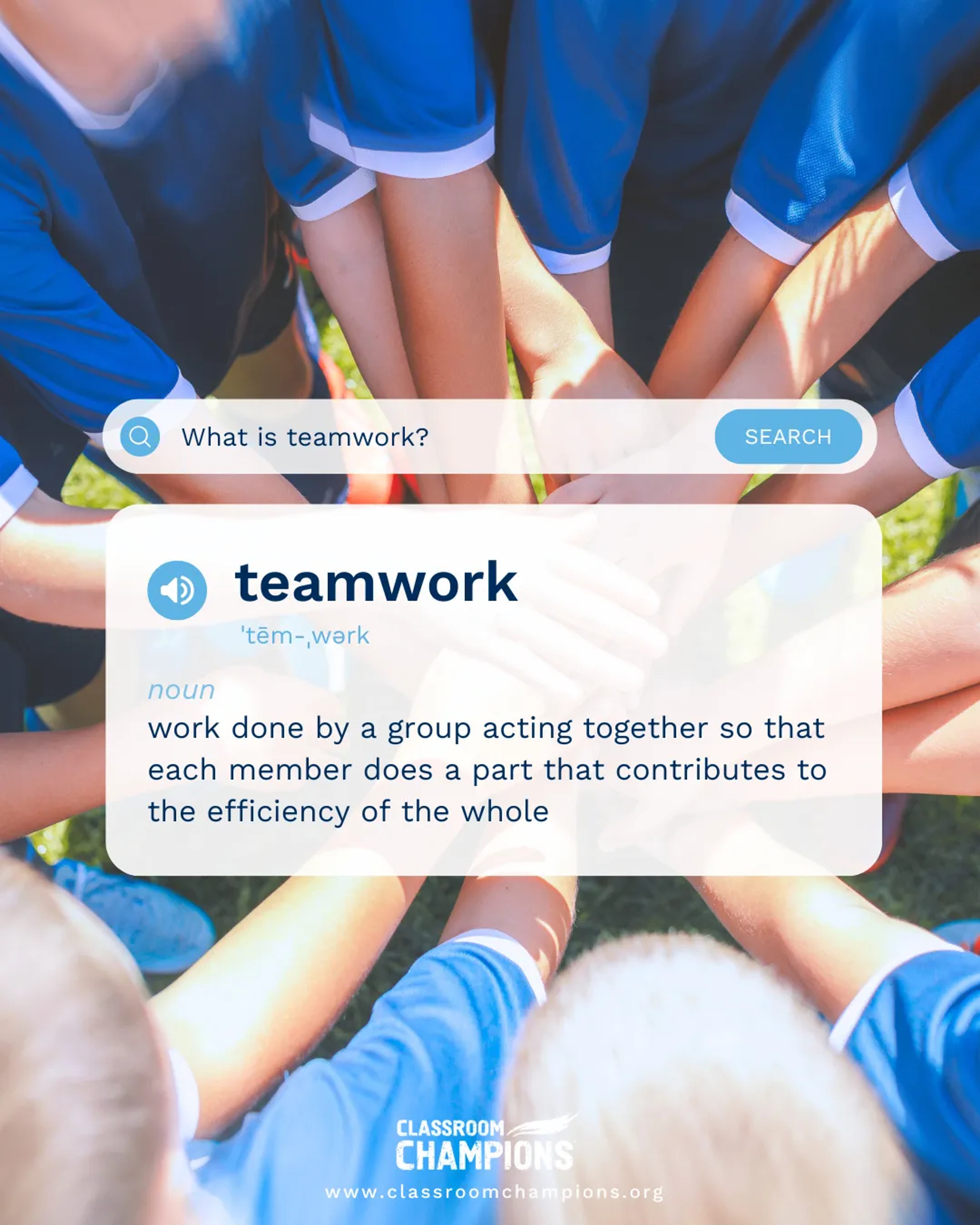 Kids in team jerseys stack hands in a huddle, with a dictionary-style definition of "teamwork" overlaid.