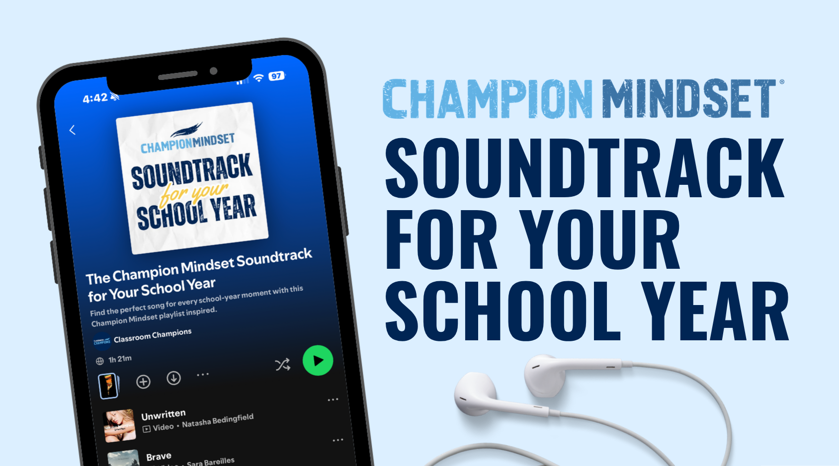 Phone screen showing the Champion Mindset Soundtrack for Your School Year playlist from Classroom Champions.