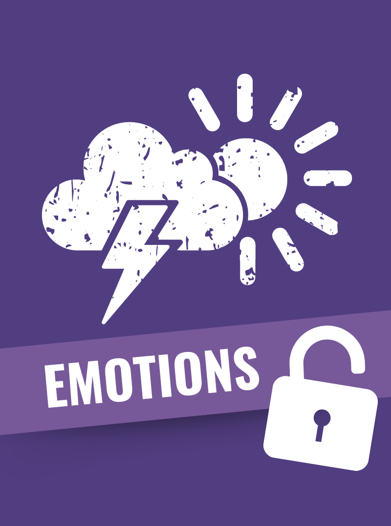 "Emotions" toolkit cover with a storm-and-sun icon and an unlocked padlock symbolizing understanding feelings.