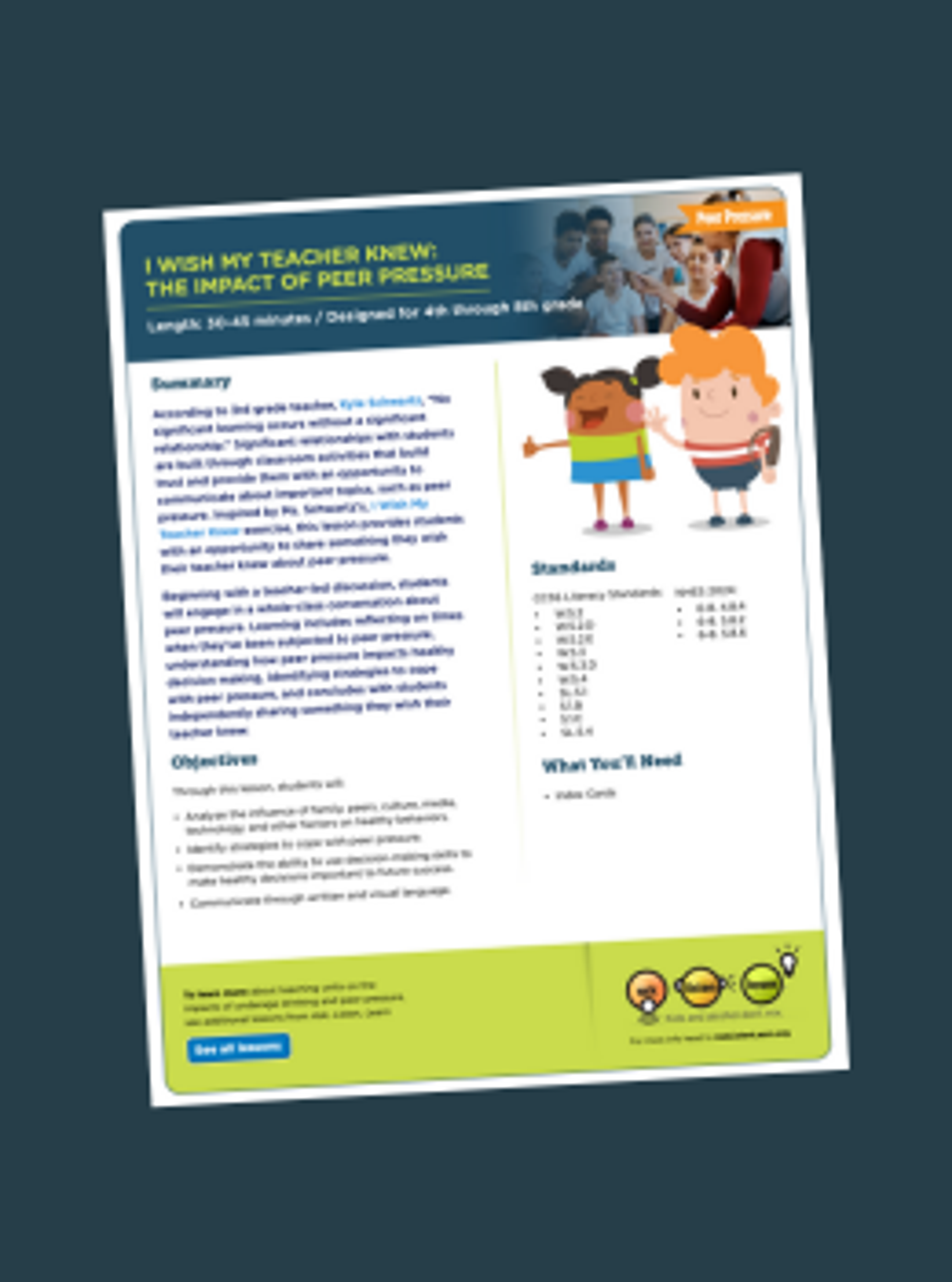 Lesson plan preview titled "I Wish My Teacher Knew: The Impact of Peer Pressure" for grades 4-8.