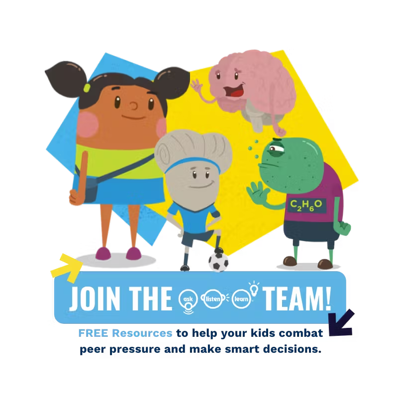 Ask Listen Learn cartoon characters promote free resources to help kids resist peer pressure and make smart choices.