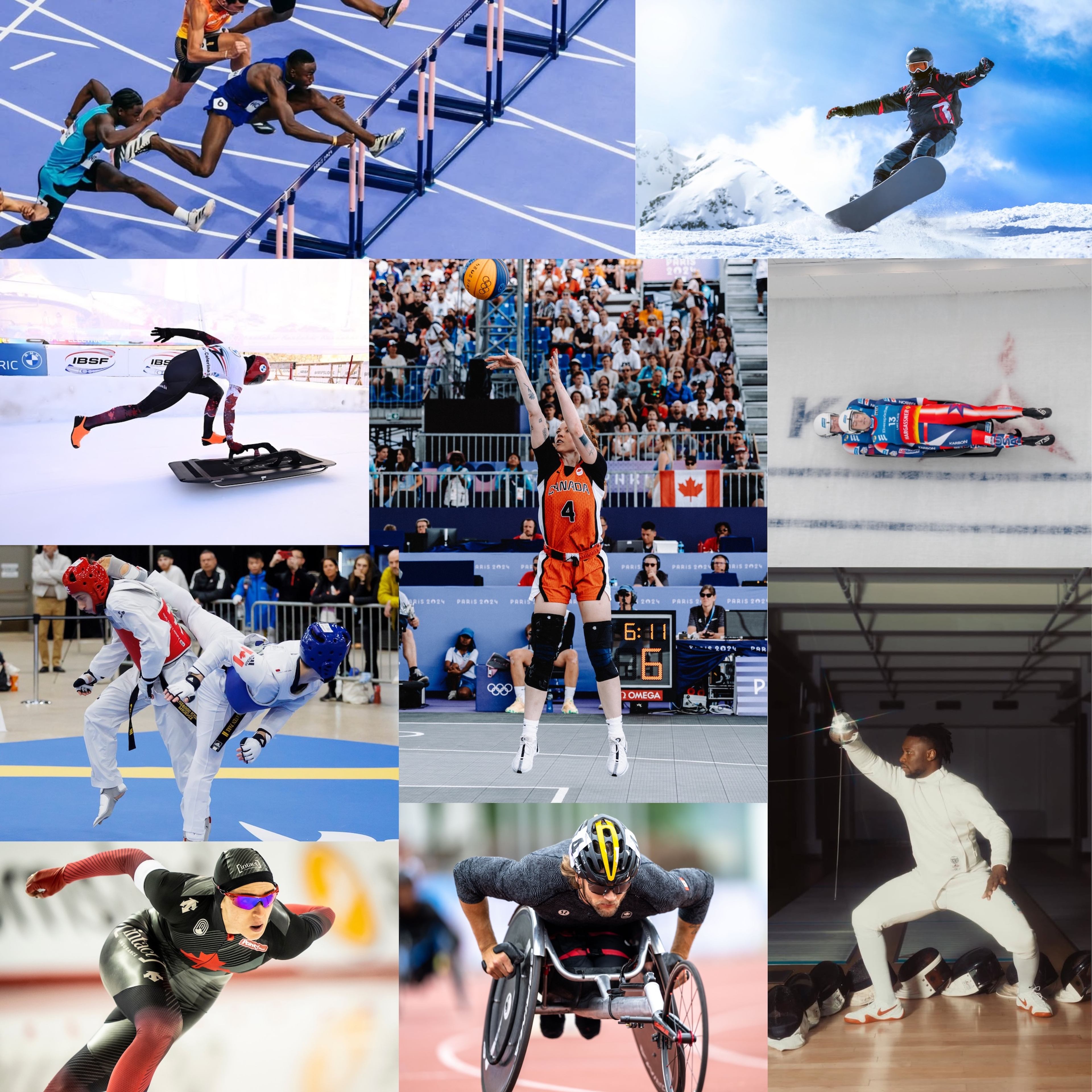 Collage of Classroom Champions athlete mentors competing in track, snowboarding, skeleton, basketball, luge, taekwondo, speed skating, wheelchair racing, and fencing.