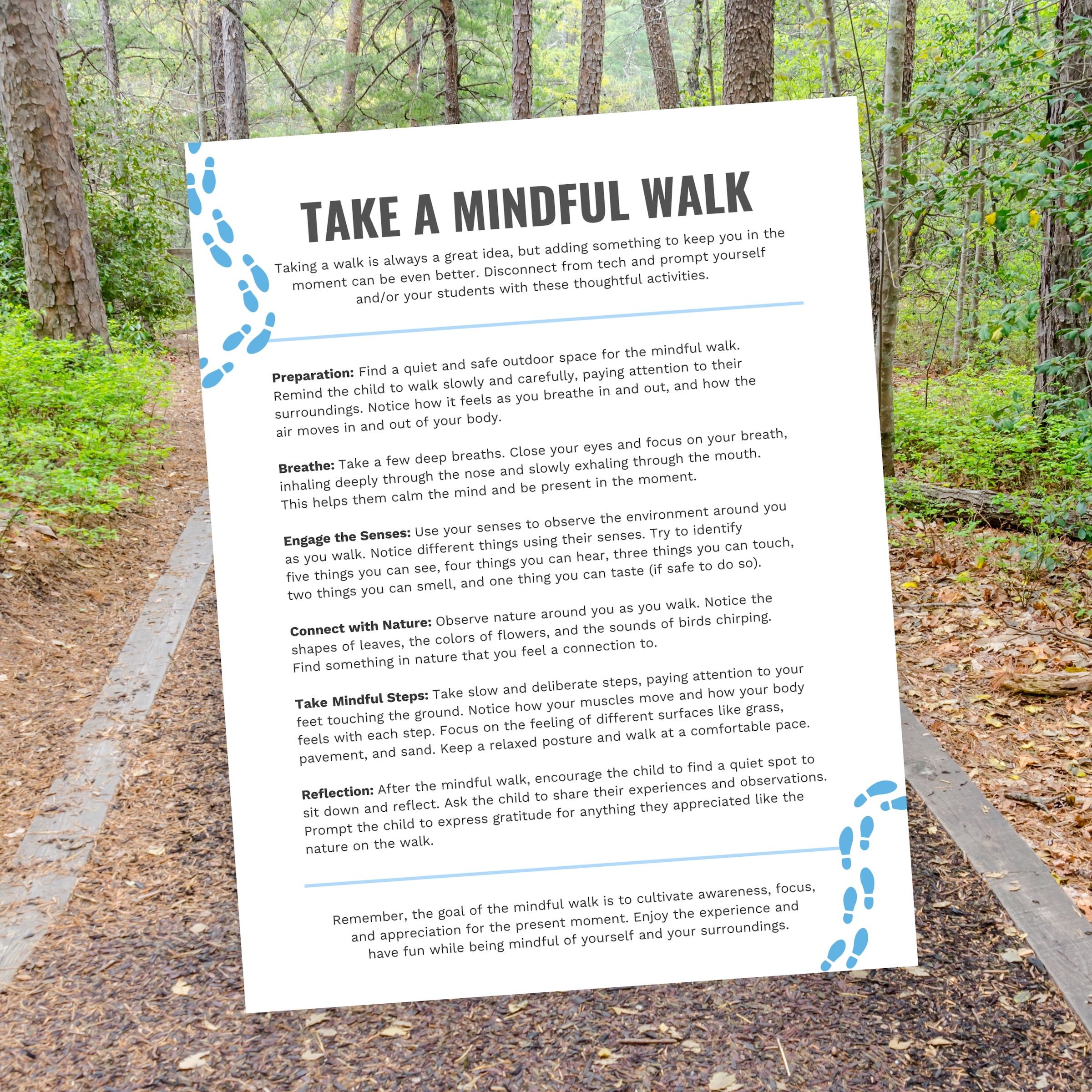 "Take a Mindful Walk" guide with steps: preparation, breathing, engaging senses, connecting with nature, mindful steps, and reflection.