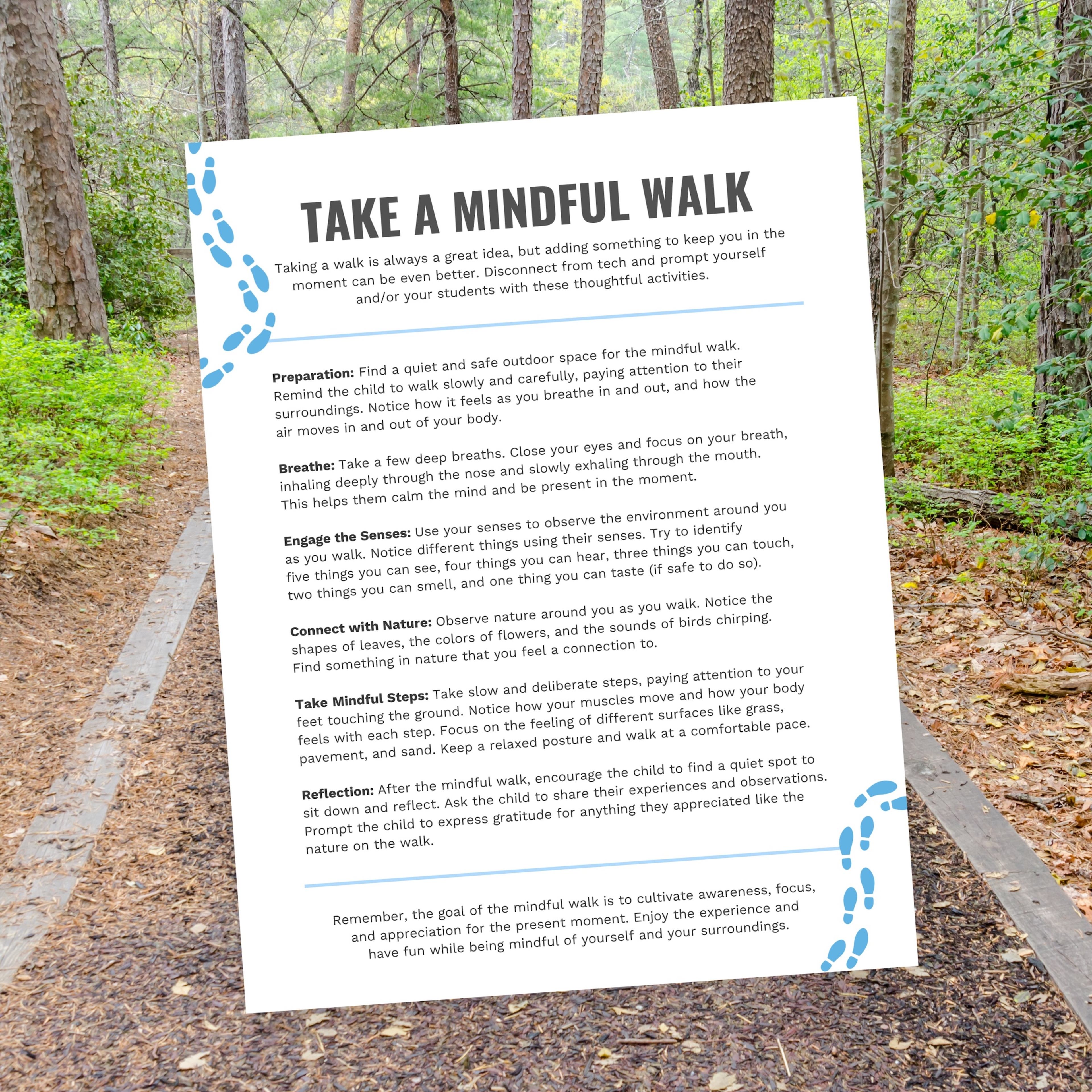 "Take a Mindful Walk" guide with steps: preparation, breathing, engaging senses, connecting with nature, mindful steps, and reflection.