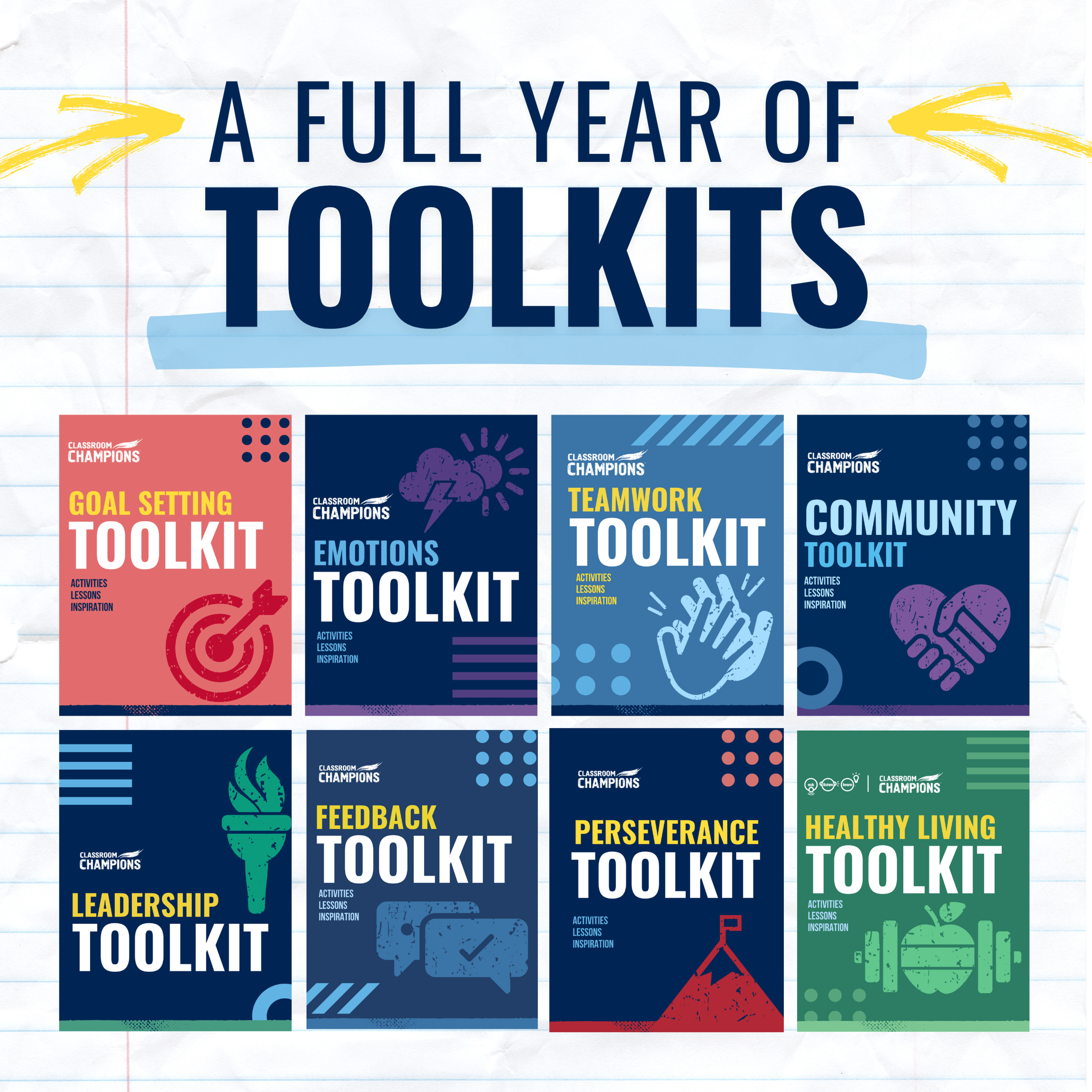 Classroom Champions' full year of toolkits: Goal Setting, Emotions, Teamwork, Community, Leadership, Feedback, Perseverance, and Healthy Living.