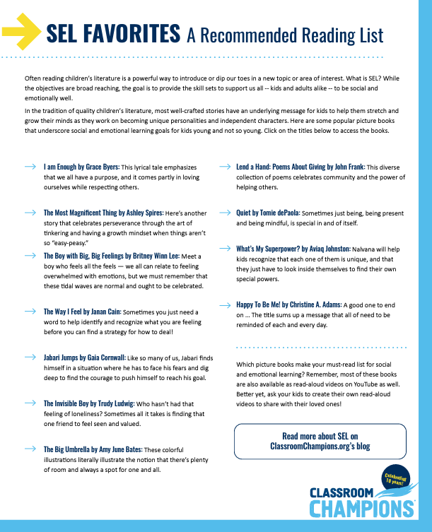 Preview of Classroom Champions' SEL Favorites recommended reading list with 12 book titles and descriptions.