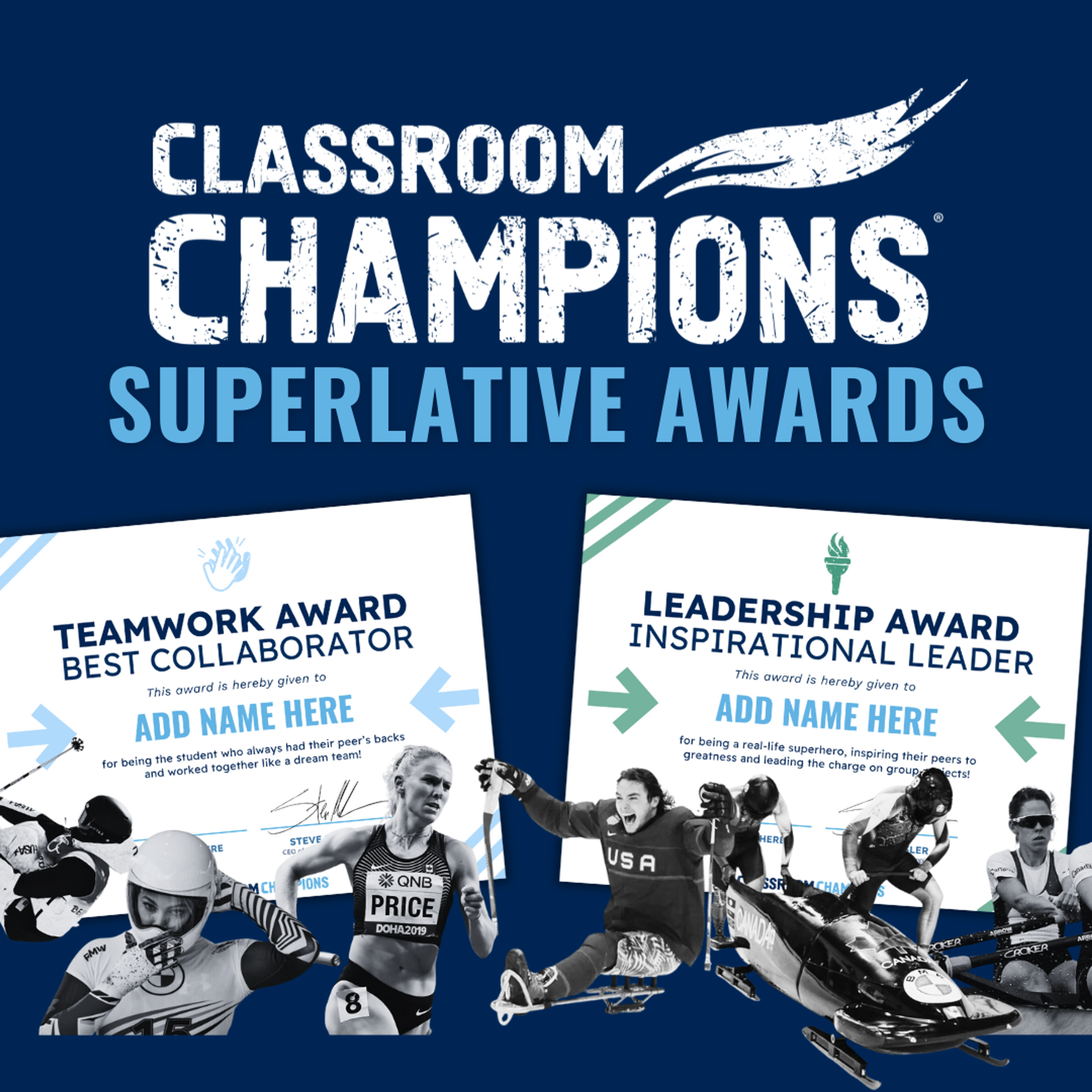 Classroom Champions Superlative Awards, including printable Teamwork and Leadership Award certificates for students.