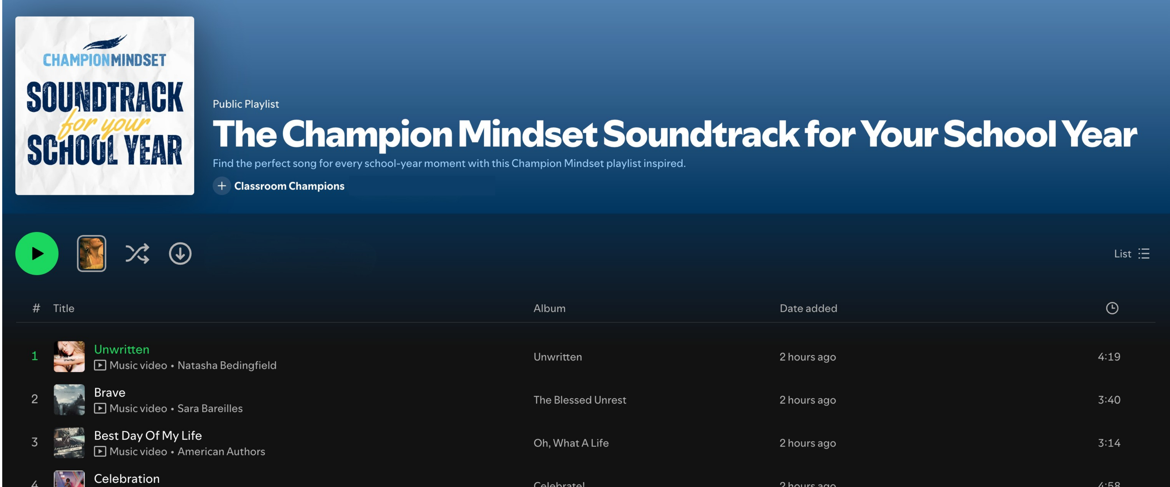 Spotify playlist "The Champion Mindset Soundtrack for Your School Year" by Classroom Champions, featuring songs like Unwritten and Brave.