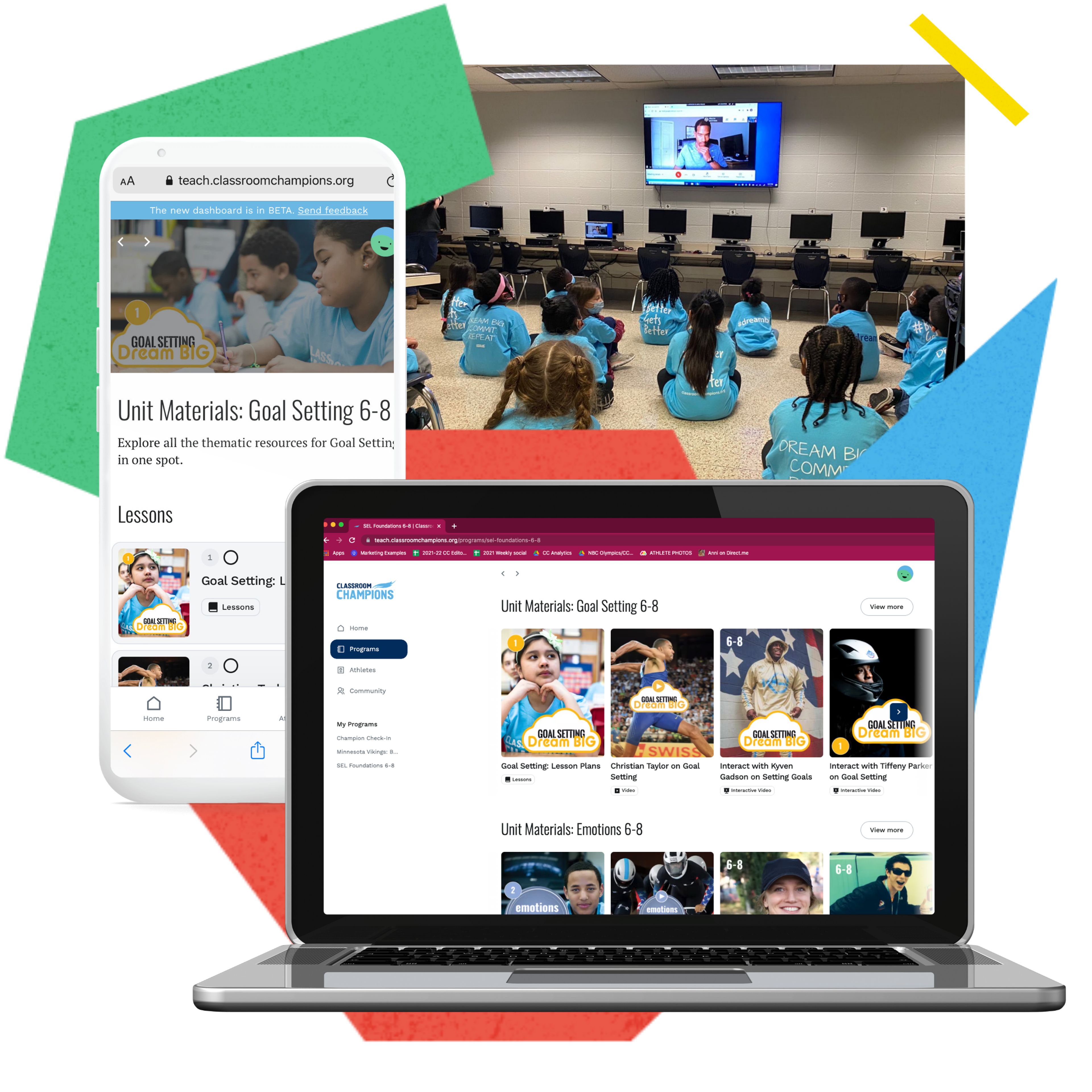 Classroom Champions dashboard on phone and laptop, with students watching an athlete mentor video in a classroom.