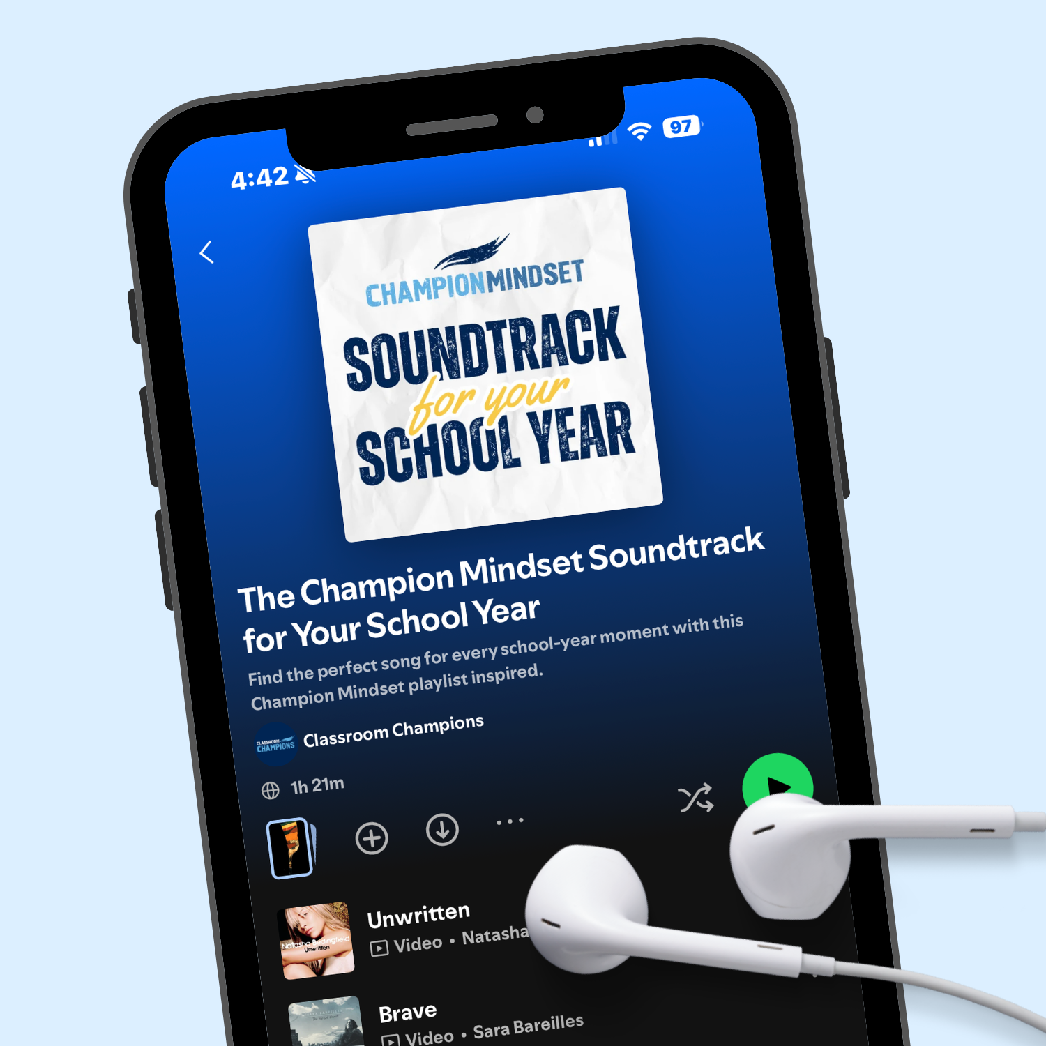 Phone screen showing Classroom Champions' Champion Mindset school-year playlist on Spotify.