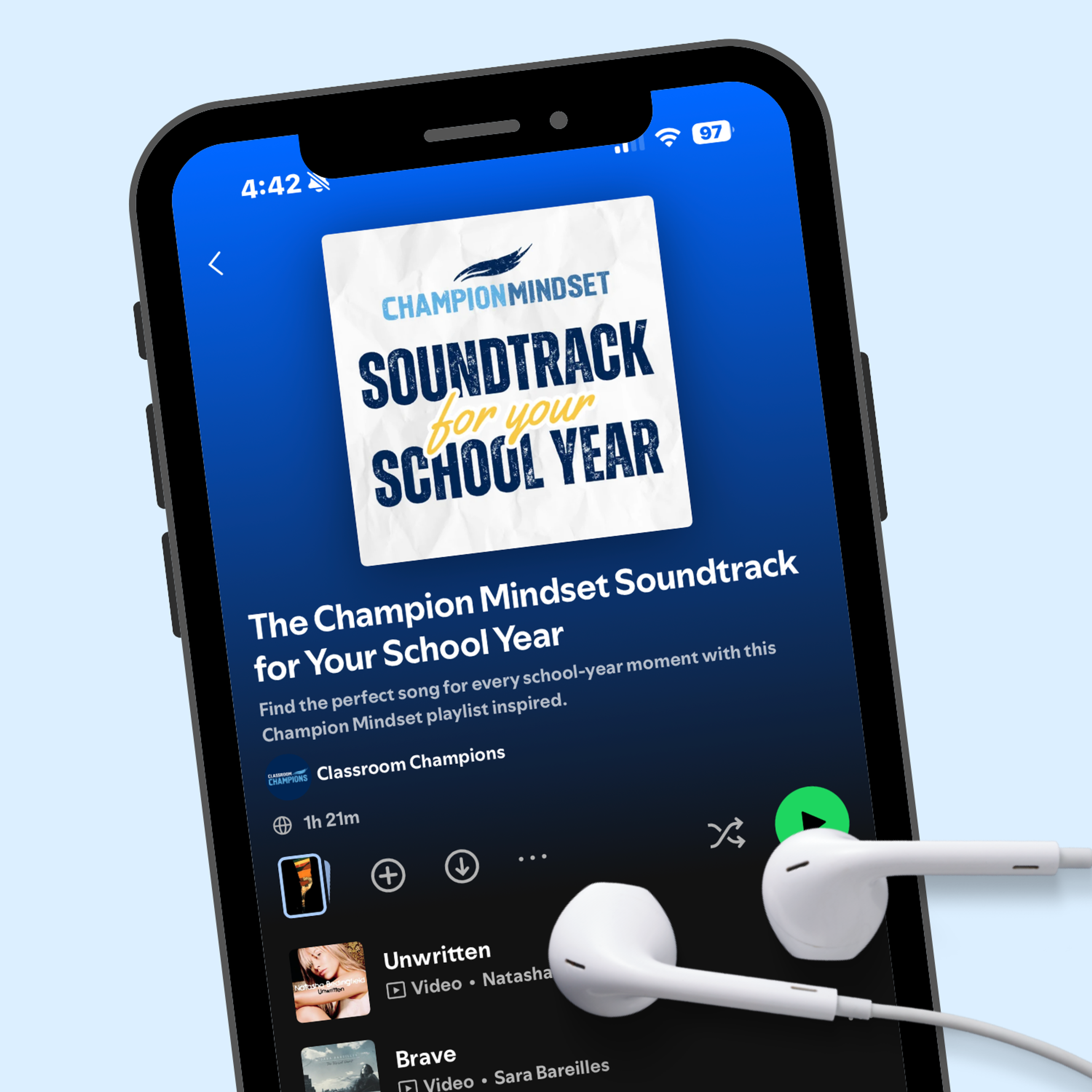 Phone screen showing Classroom Champions' Champion Mindset school-year playlist on Spotify.