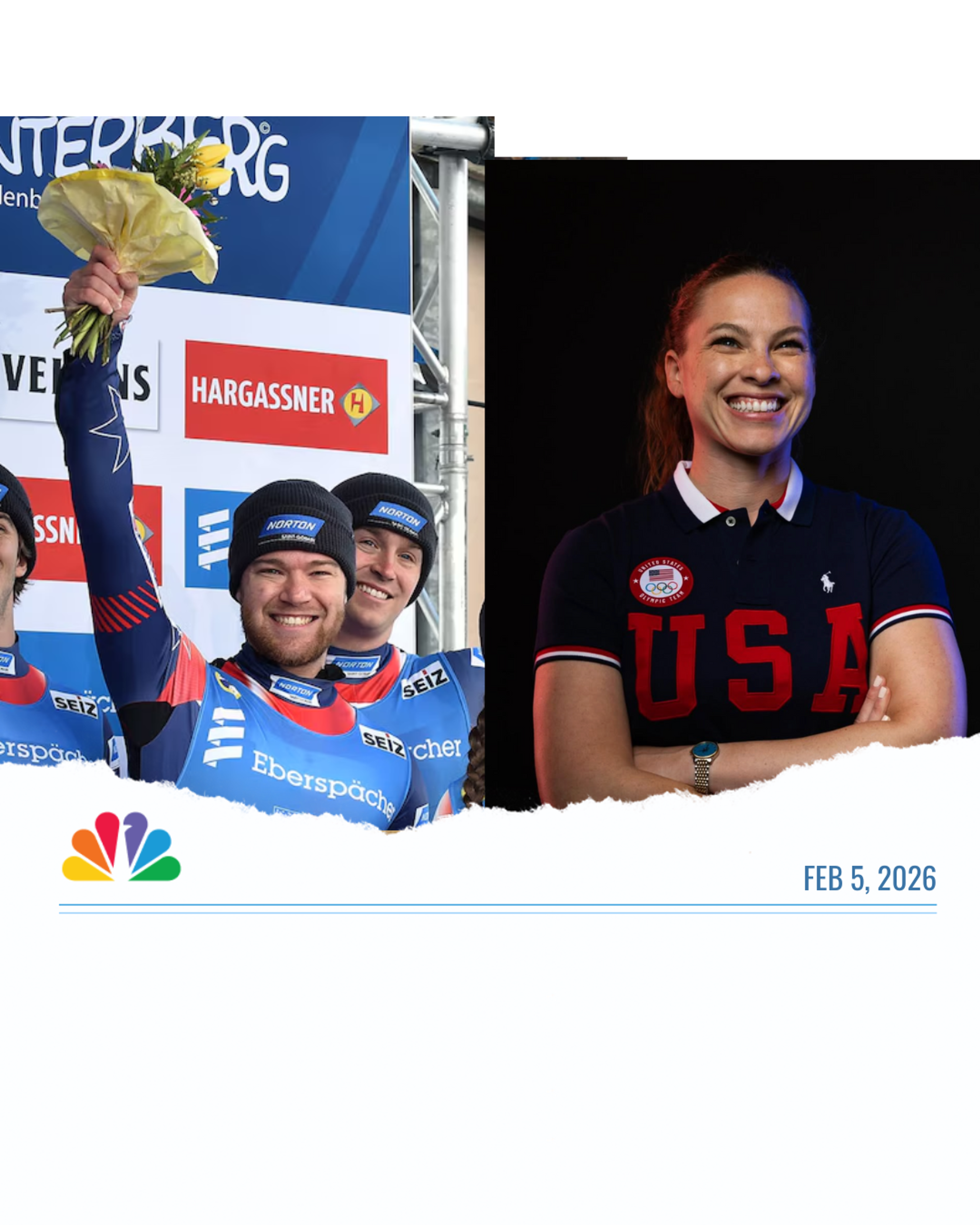 A Team USA bobsled athlete celebrates on the podium beside a smiling Team USA Olympic athlete, dated Feb 5, 2026.