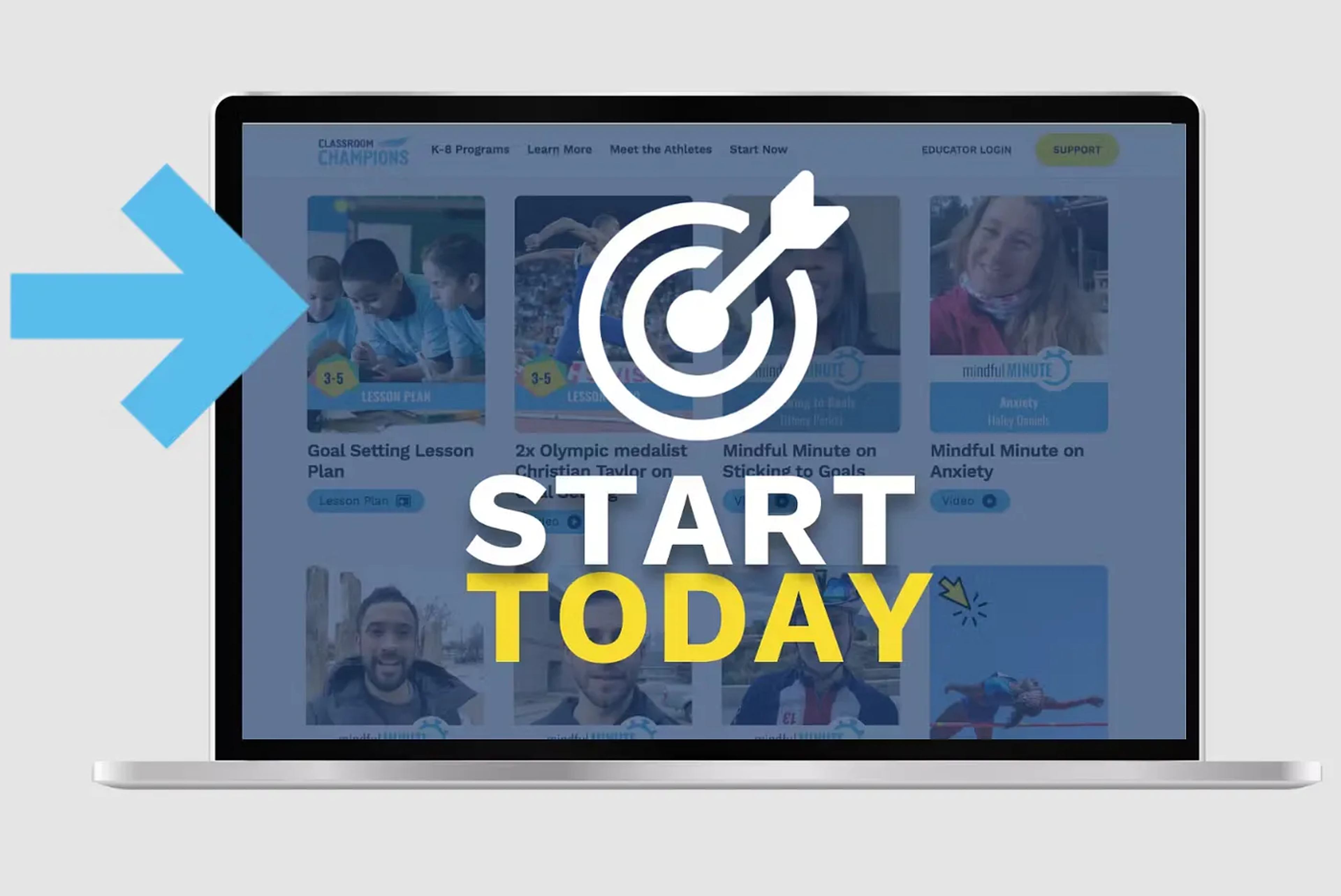 Laptop showing the Classroom Champions platform with lesson plans and videos, prompting viewers to start today.