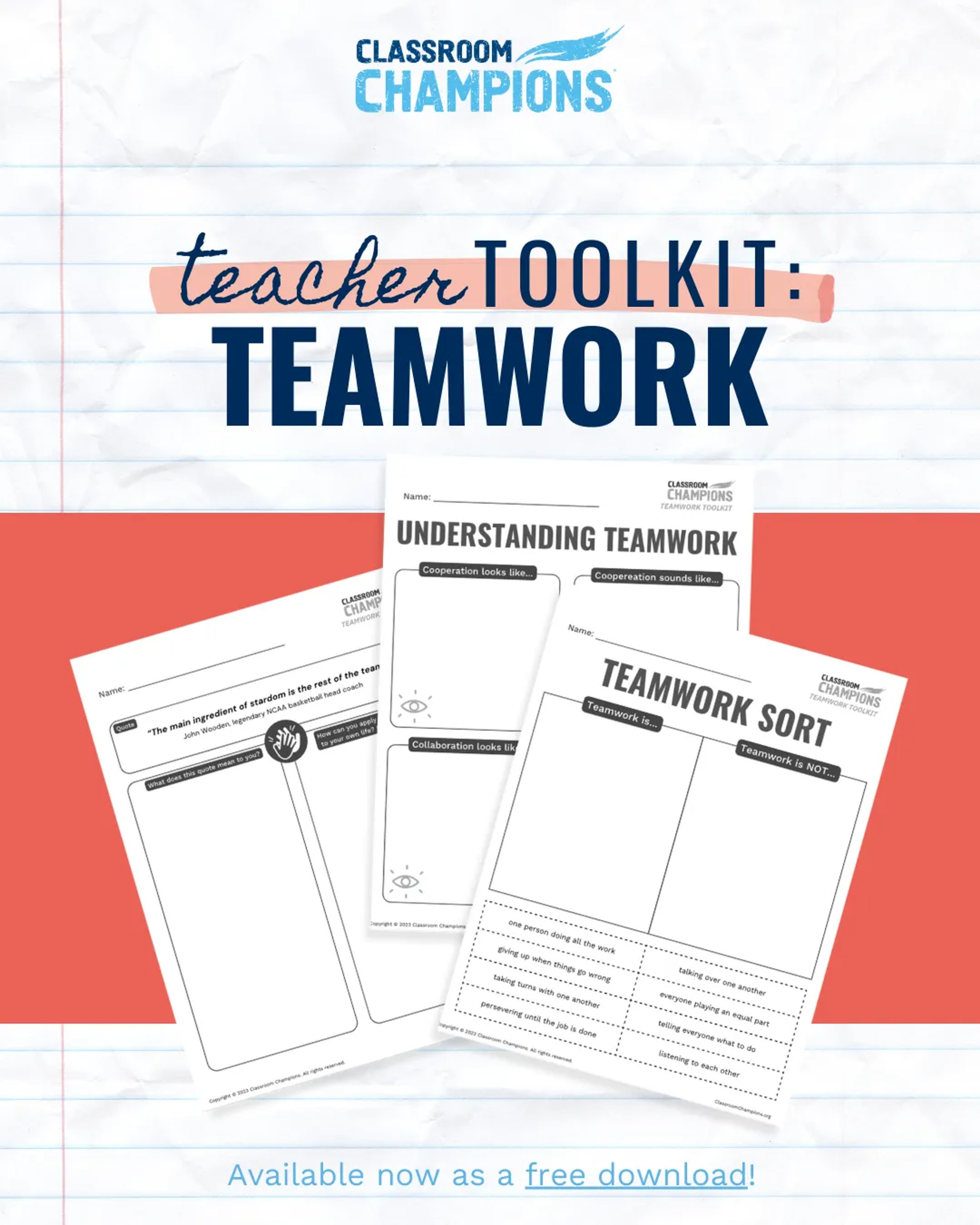 Classroom Champions Teacher Toolkit: Teamwork, a free downloadable set of worksheets on cooperation and teamwork.