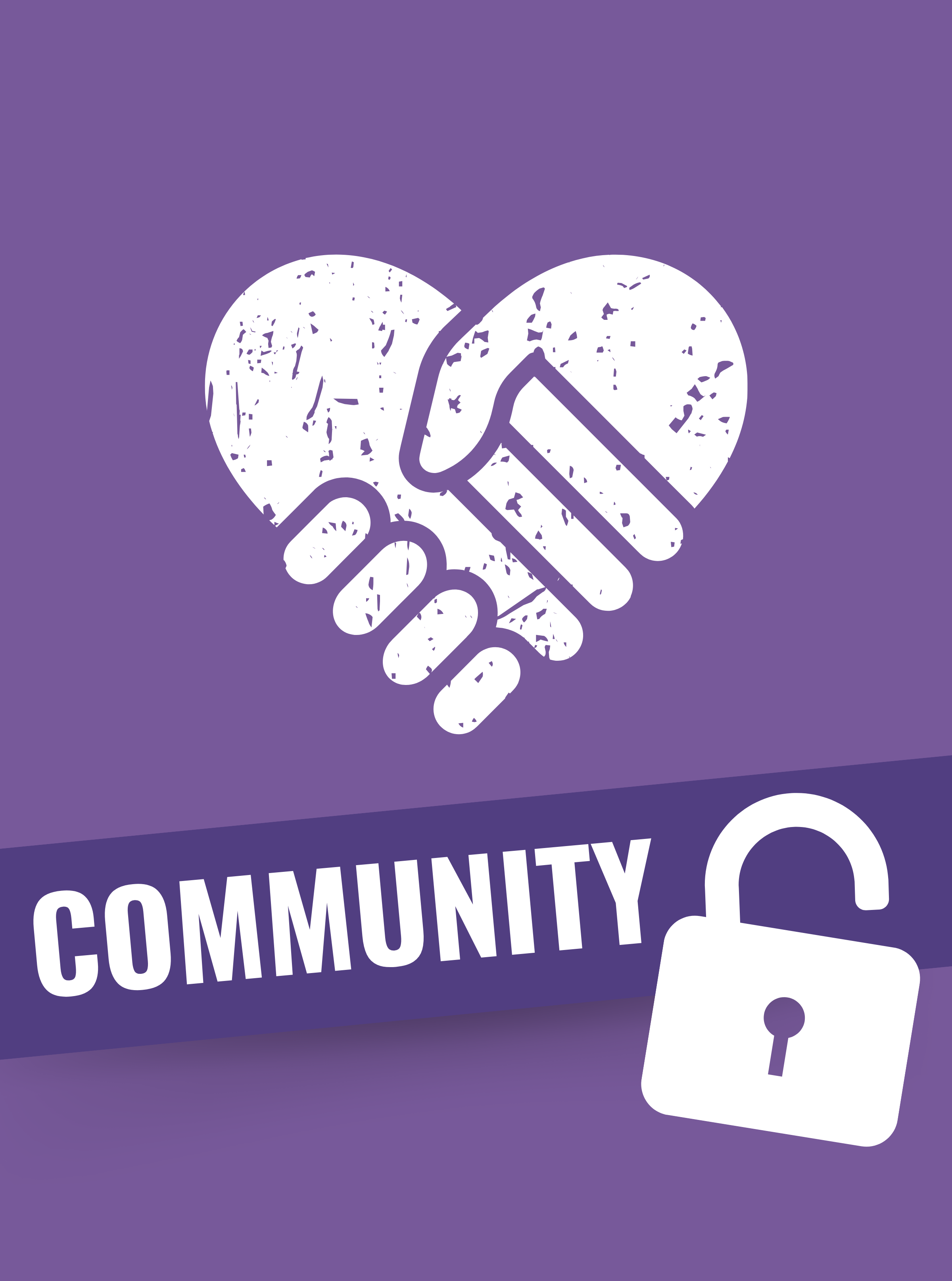 Icon of a handshake forming a heart with an unlocked padlock, labeled Community.