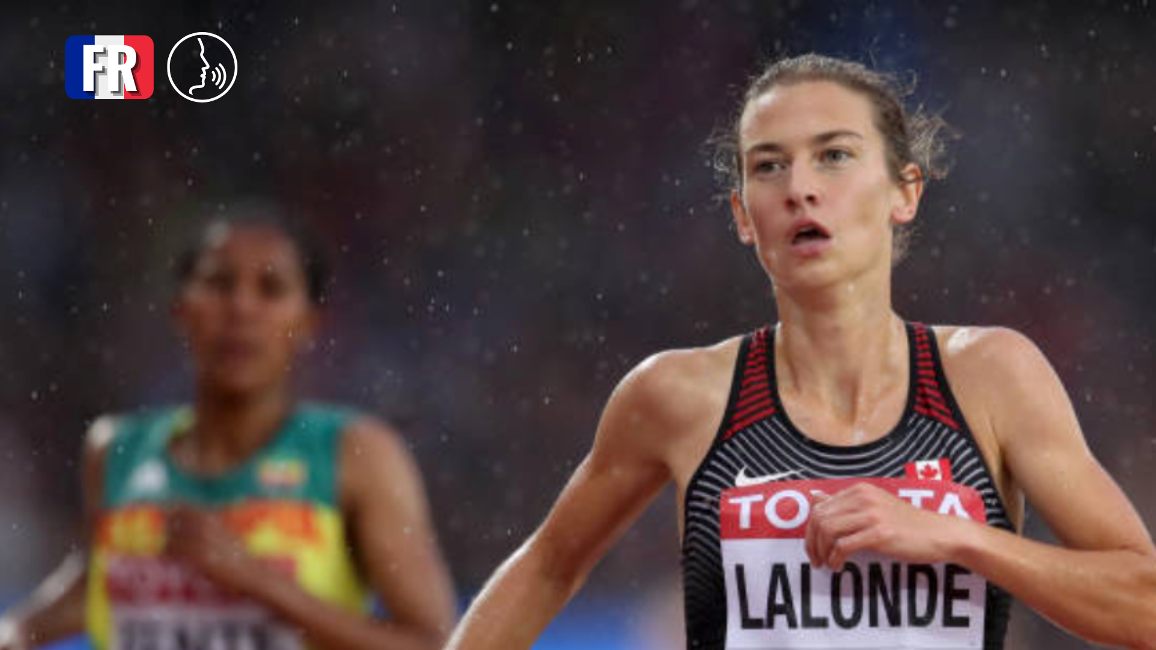 Runner Geneviève Lalonde competing for Canada in a rain-soaked race.
