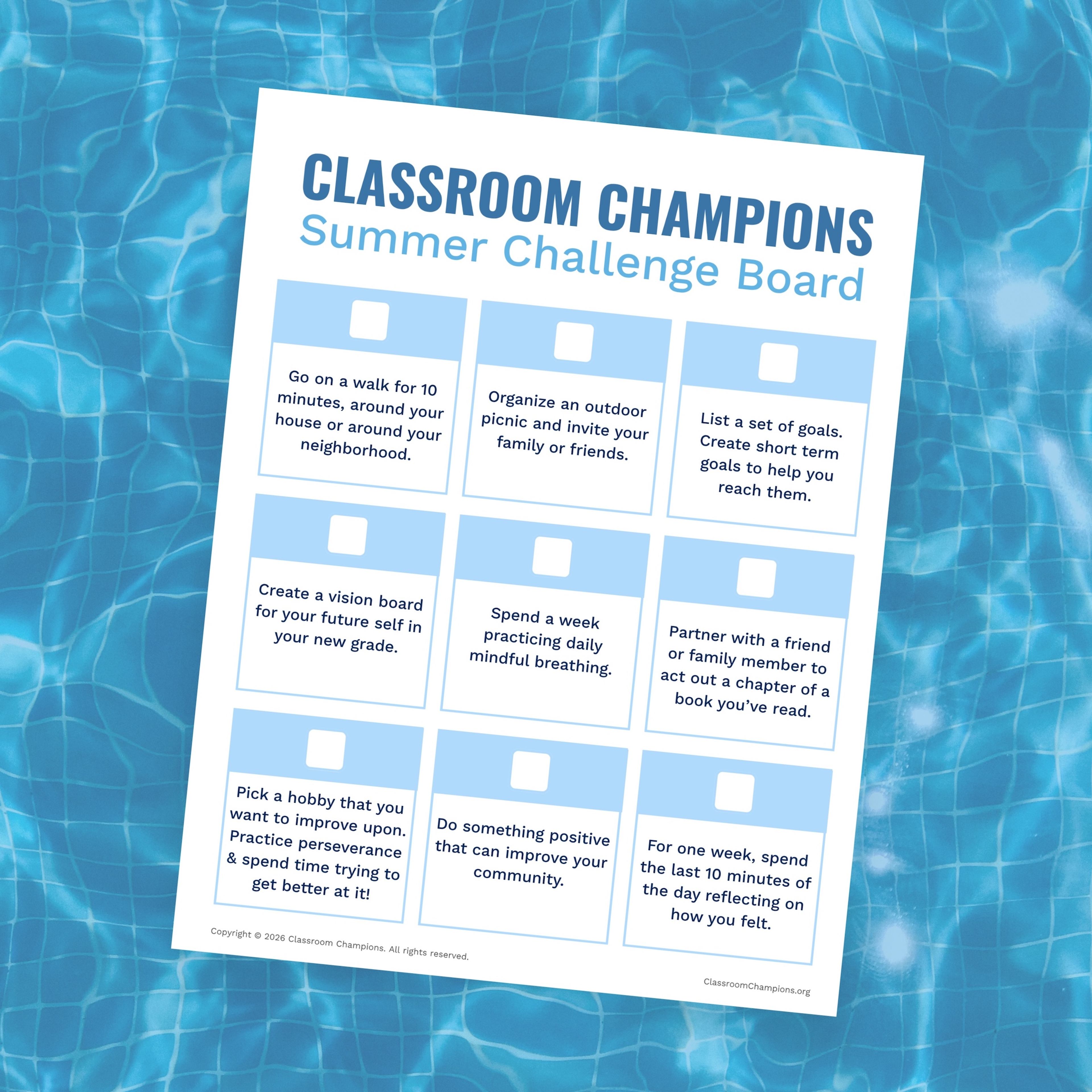 Classroom Champions Summer Challenge Board with nine activities like goal-setting, mindfulness, and community service.