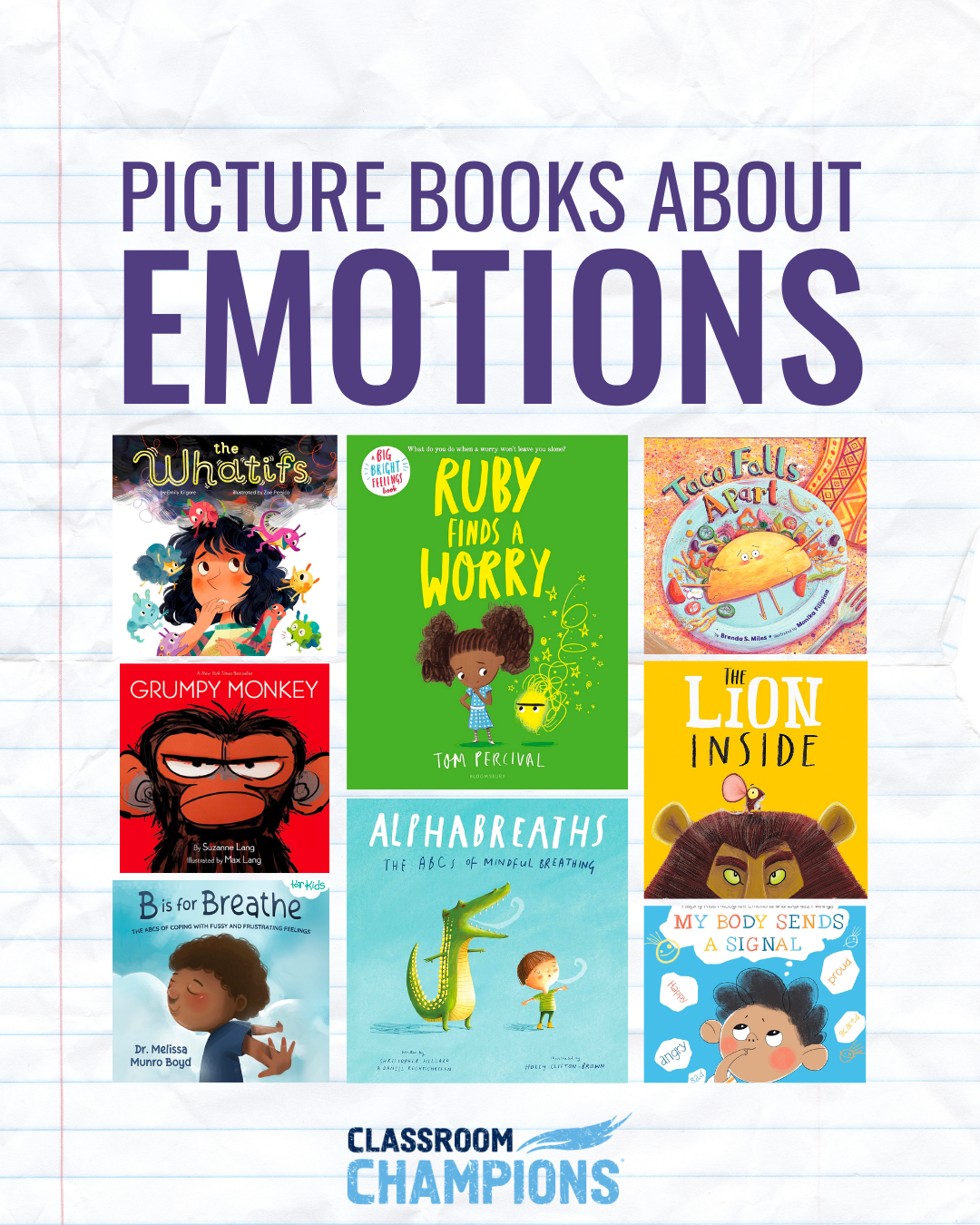 Covers of nine picture books about emotions, including Ruby Finds a Worry and Grumpy Monkey, from Classroom Champions.