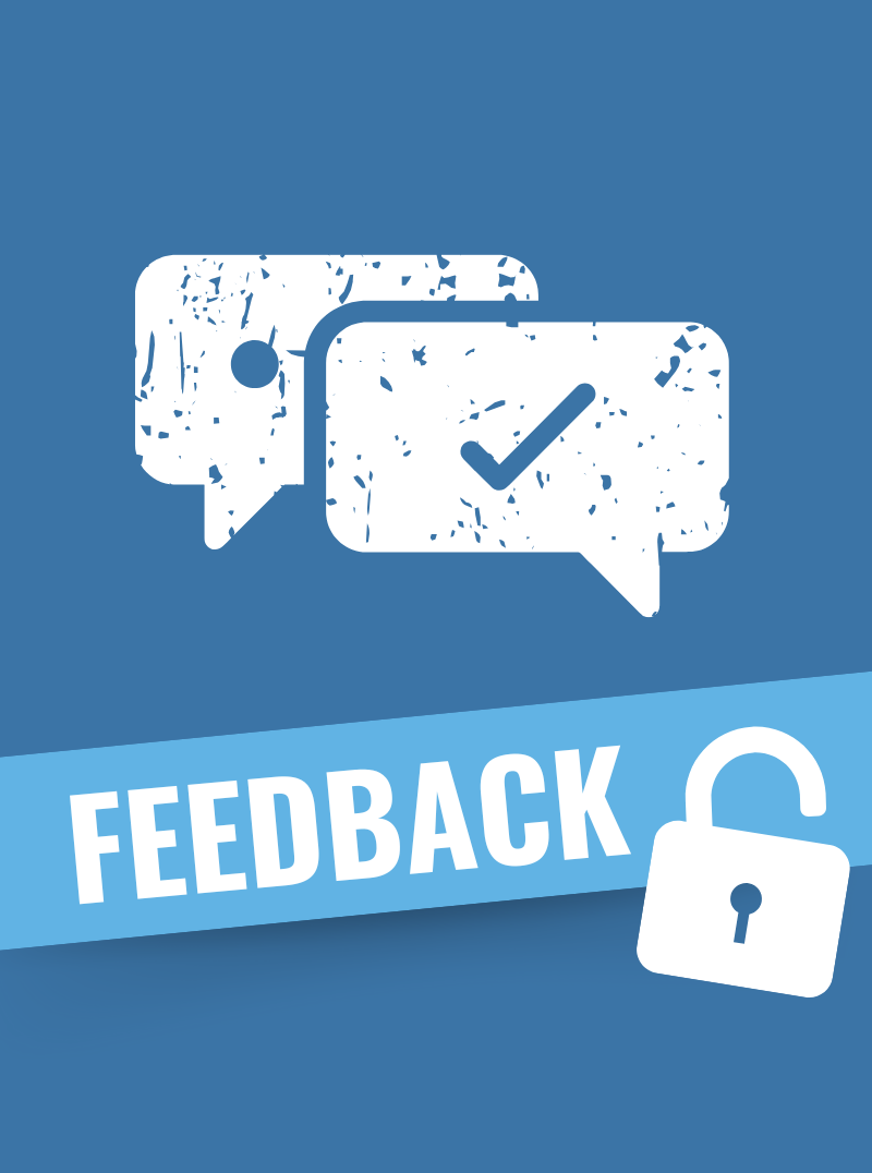Icon of chat bubbles with a checkmark and an unlocked padlock, labeled Feedback.
