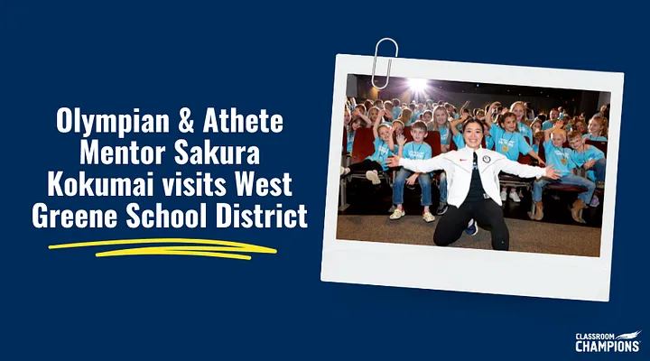Sakura Kokumai poses with cheering students during her visit to West Greene School District.