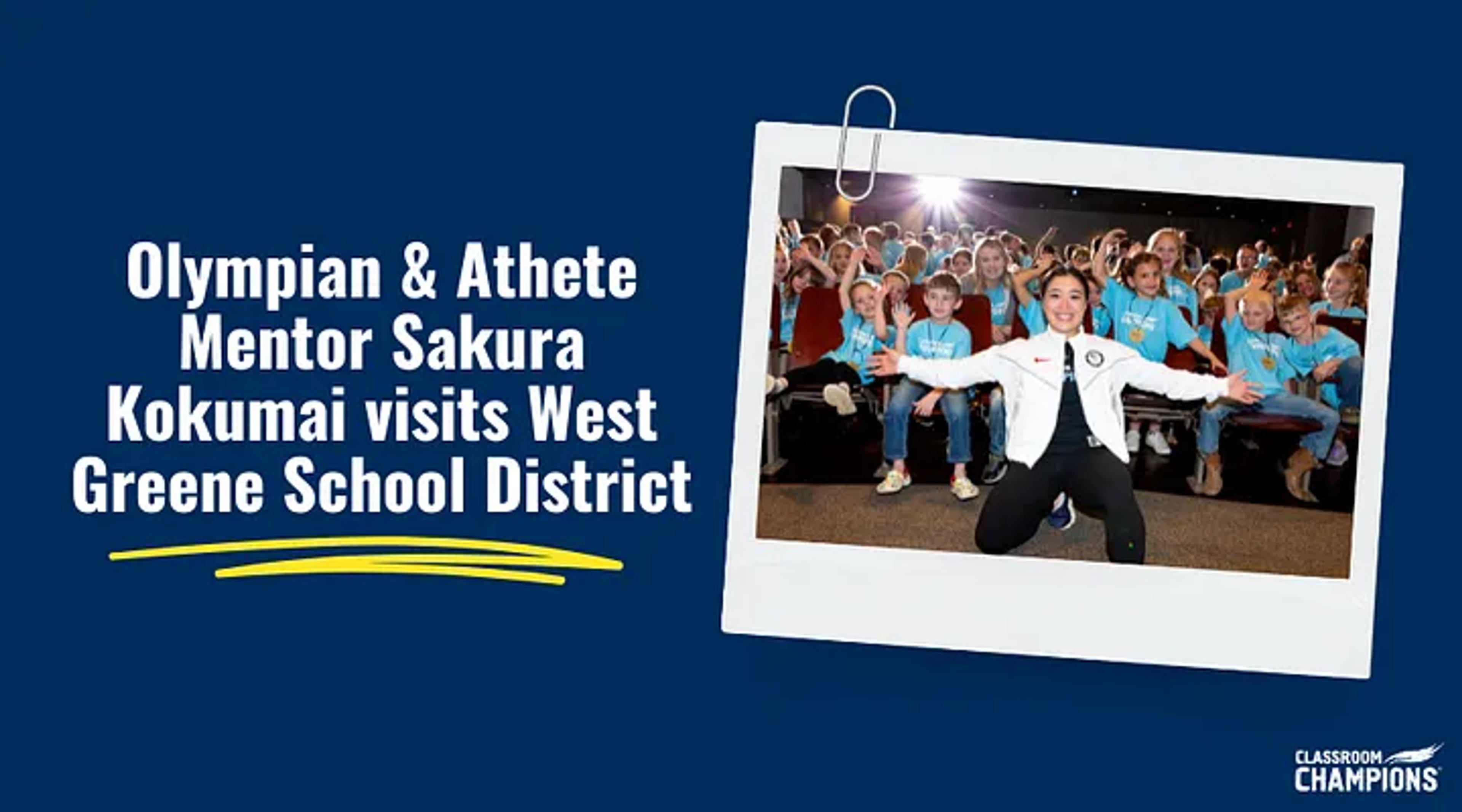 Sakura Kokumai poses with cheering students during her visit to West Greene School District.
