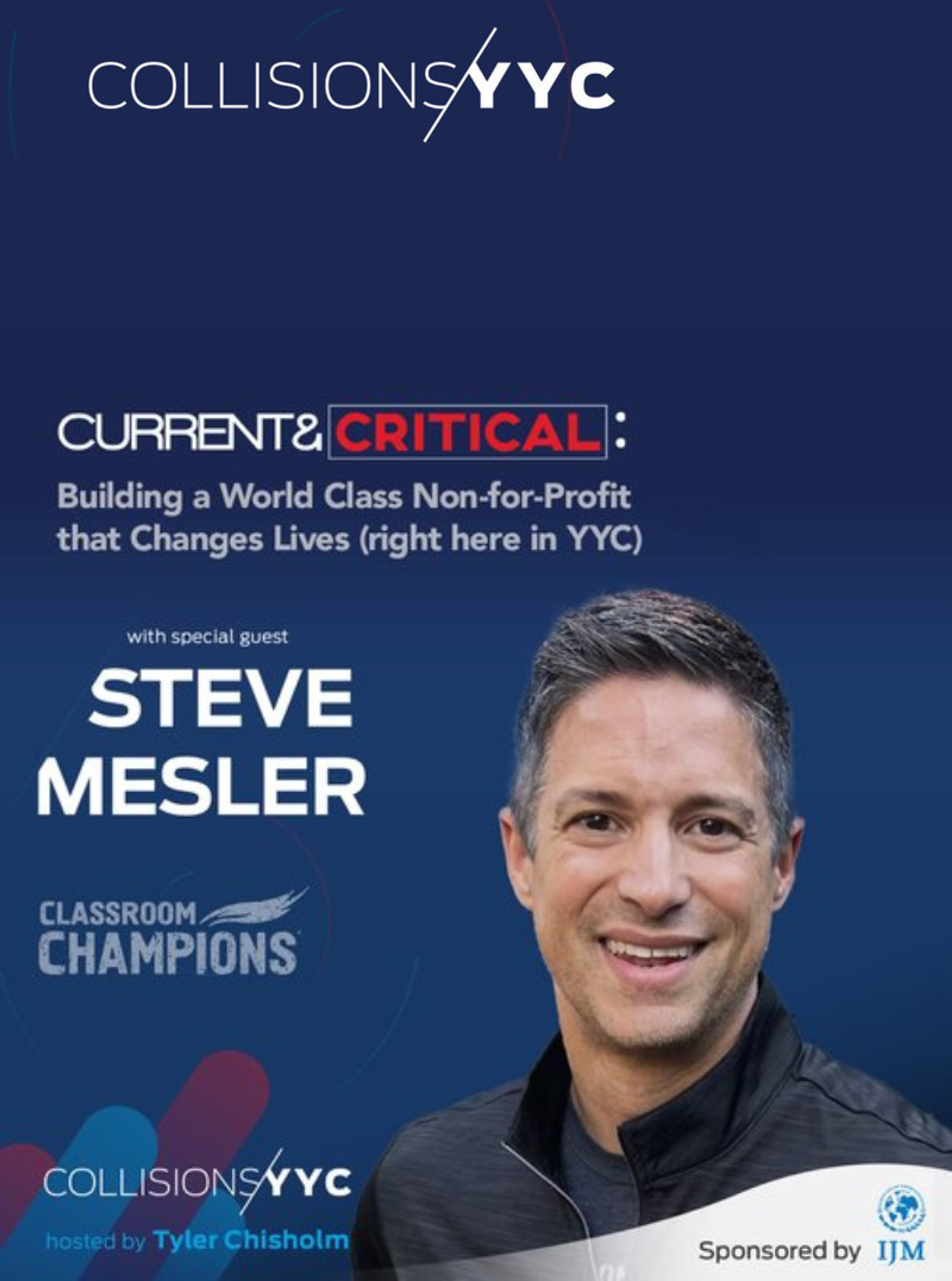 CollisionsYYC event poster featuring Steve Mesler discussing building Classroom Champions as a nonprofit.