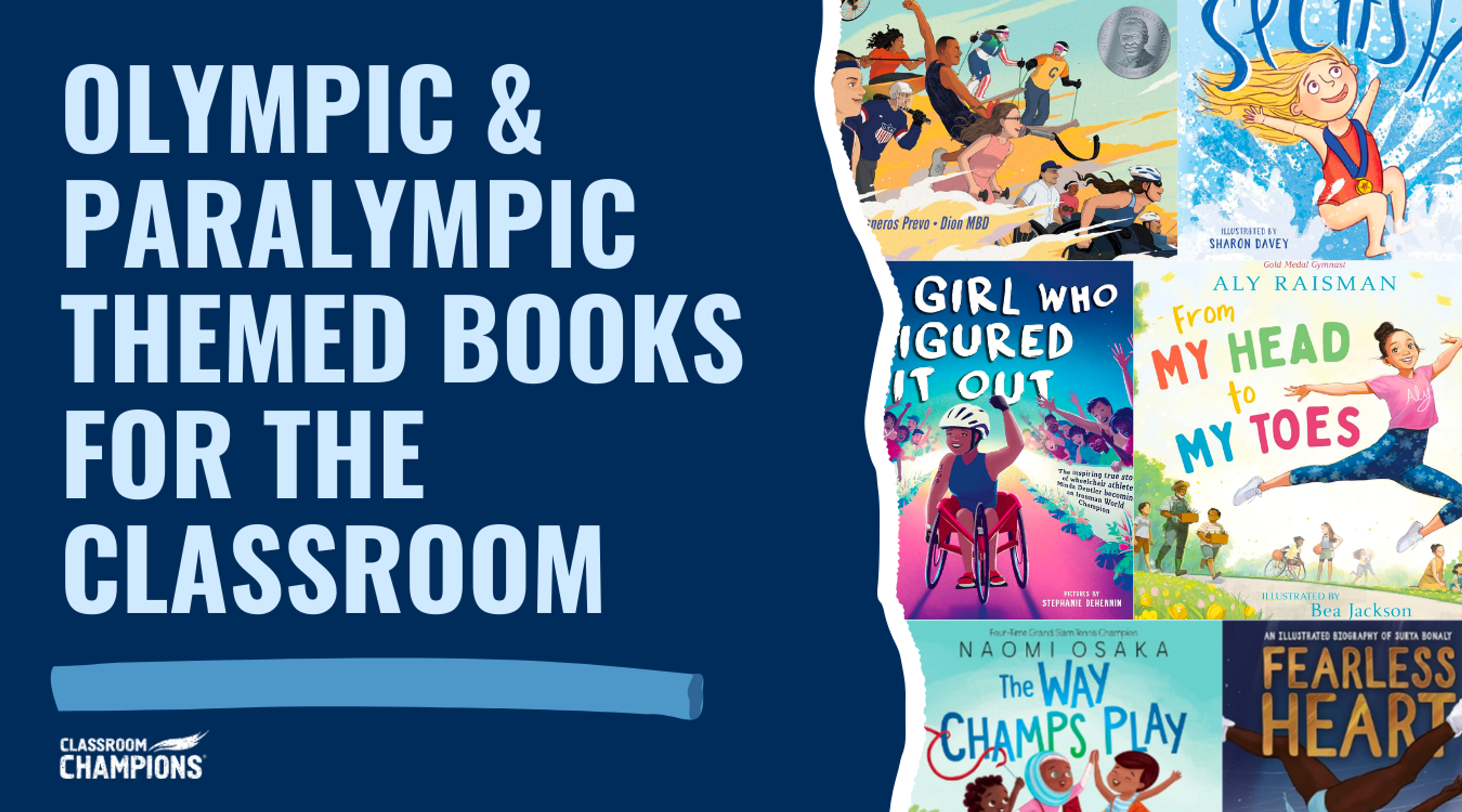 Book covers of Olympic and Paralympic themed children's books recommended for the classroom.