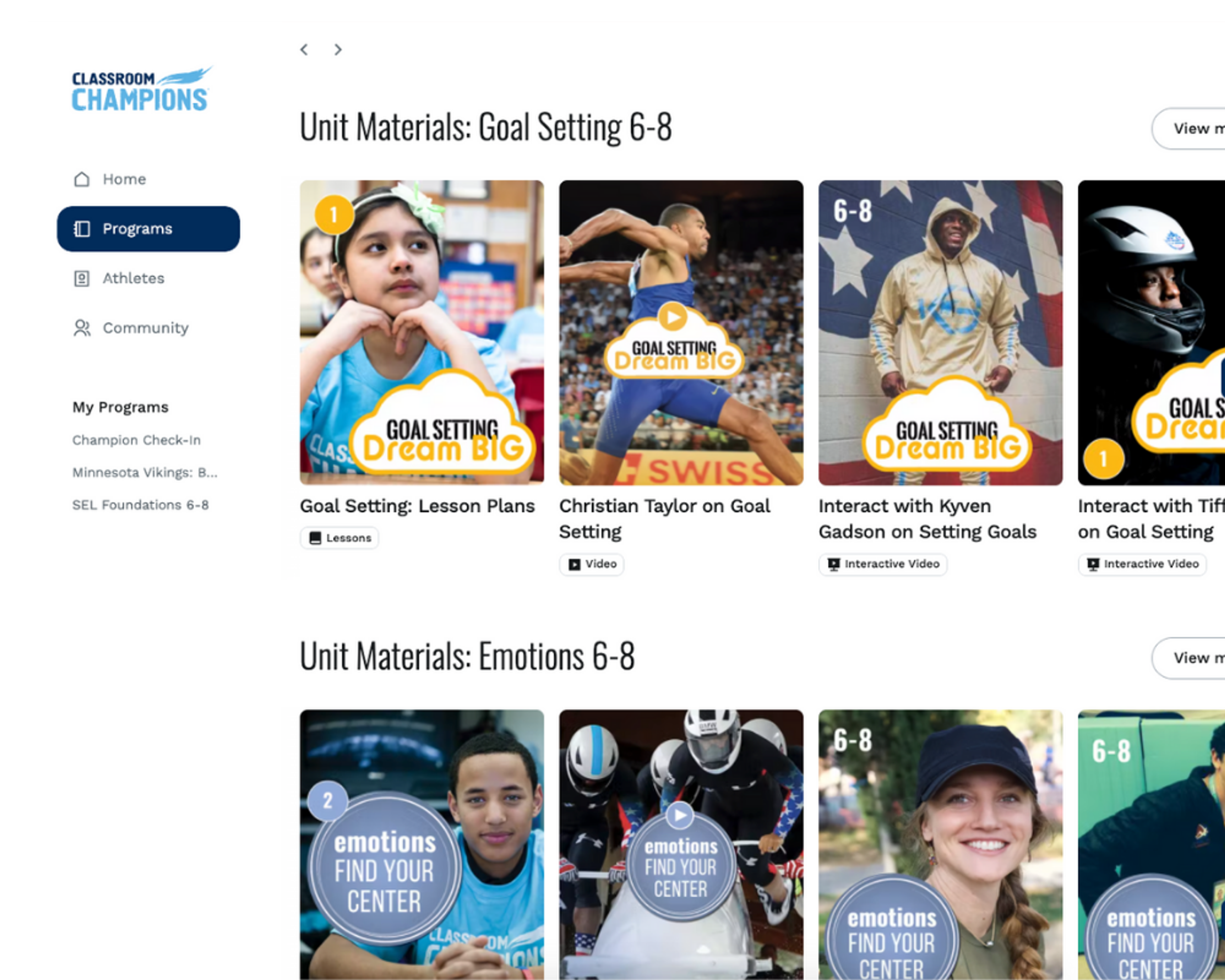 Classroom Champions dashboard showing lesson materials for Goal Setting and Emotions units with athlete mentor videos.