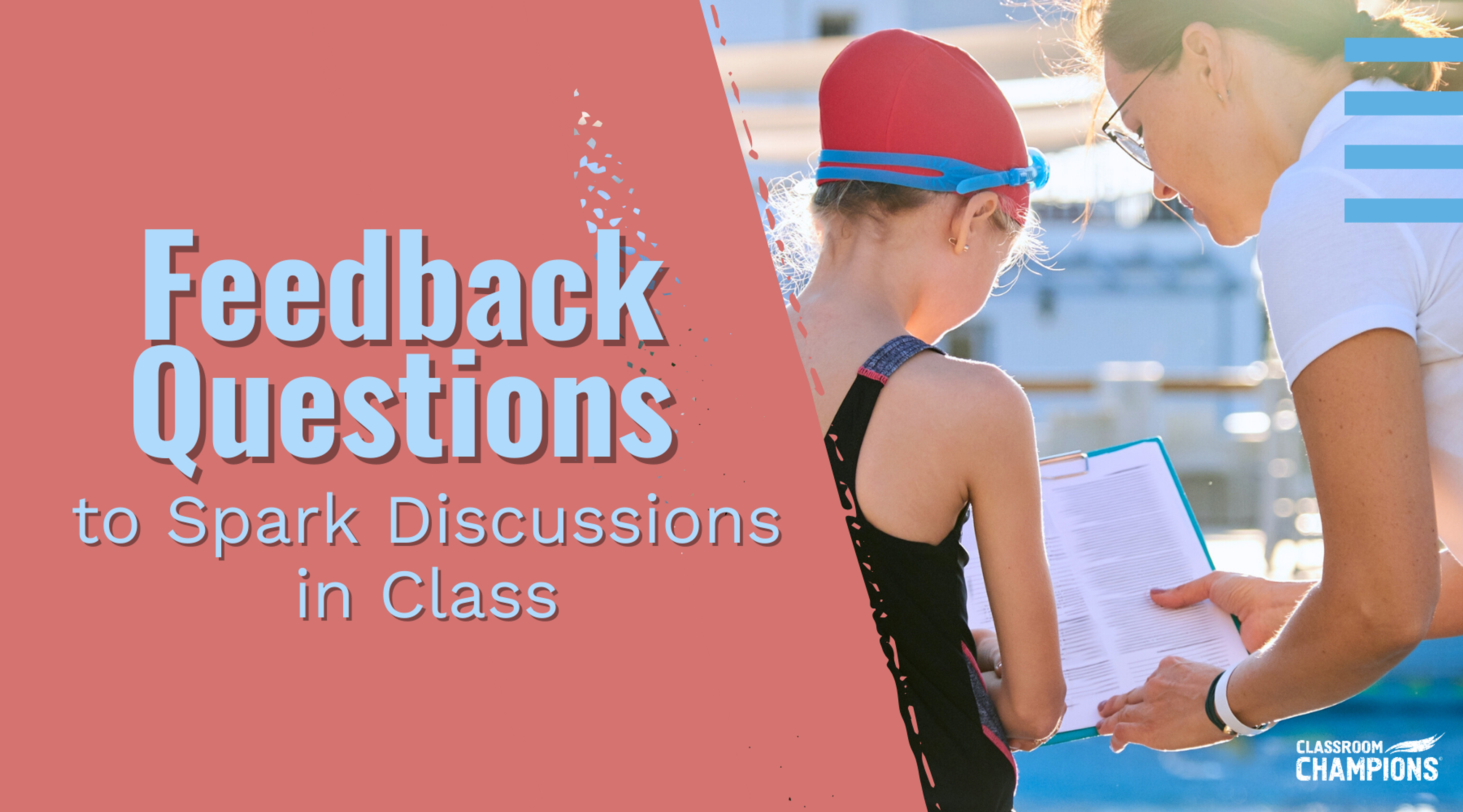 A coach reviews notes on a clipboard with a young swimmer, illustrating tips for classroom feedback discussions.