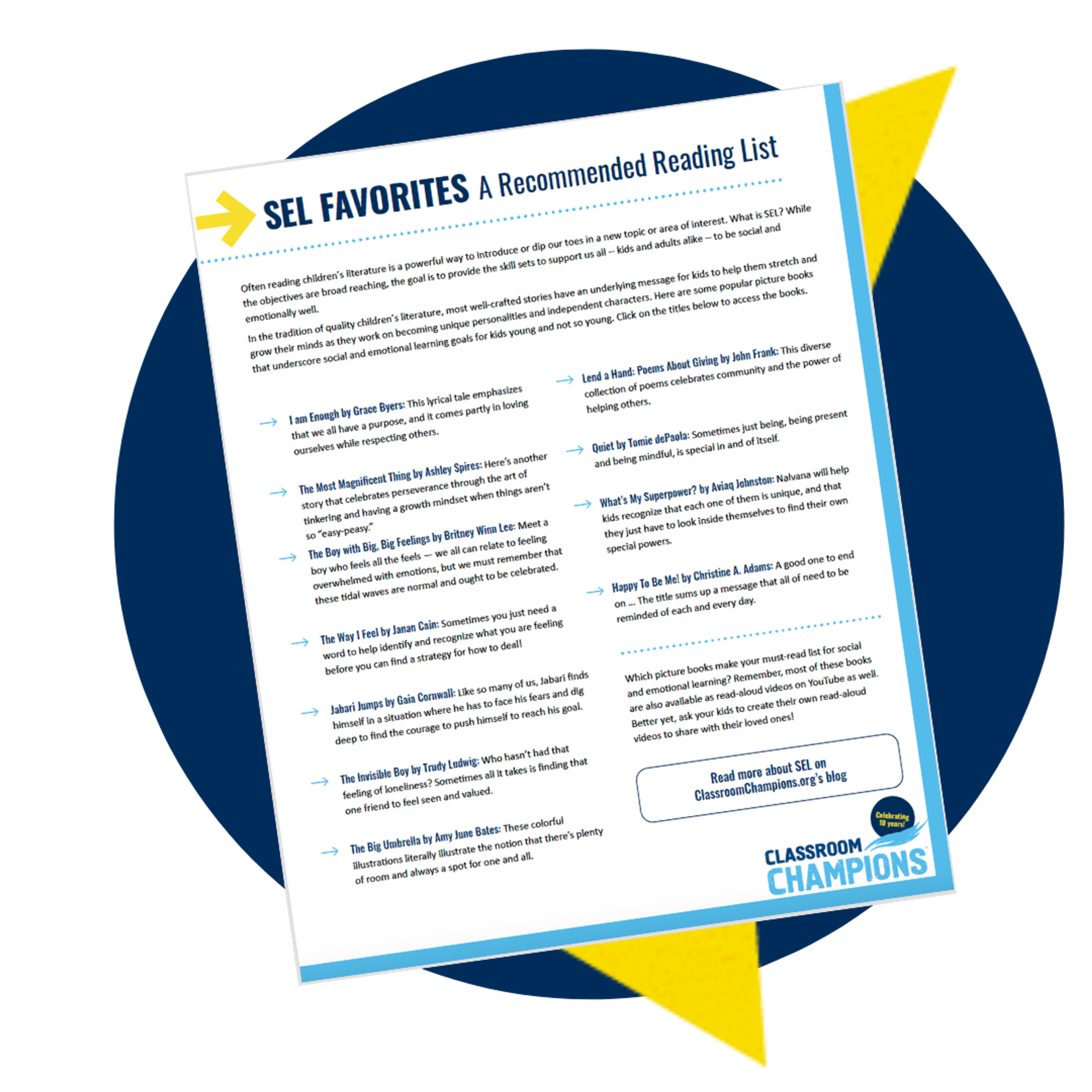 Classroom Champions flyer listing recommended children's books for social-emotional learning.