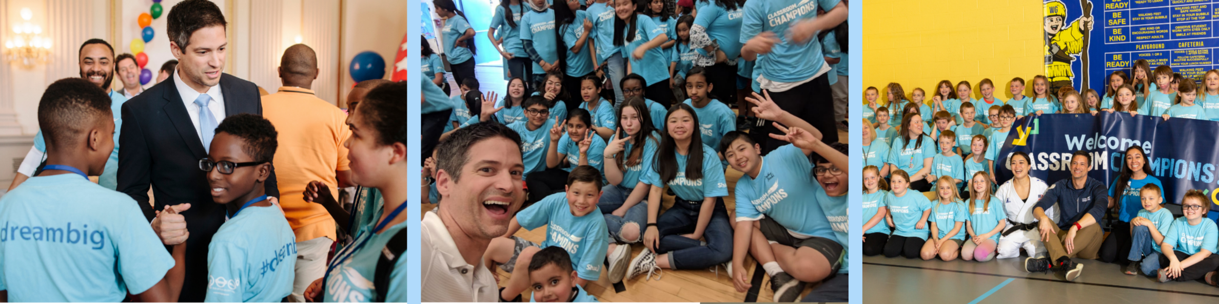 Steve Mesler visits with students wearing Classroom Champions shirts at school events.